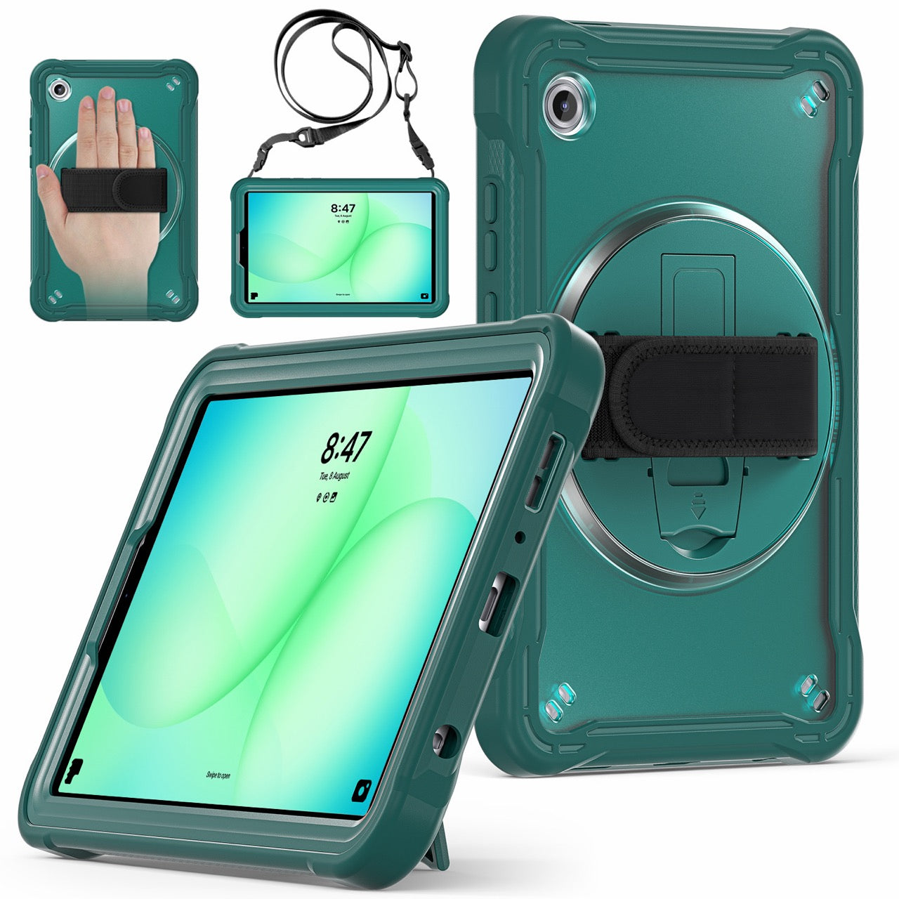 Samsung Tab A11 Rugged Case - 360° Stand, Hand & Shoulder Strap - Shockproof - Green