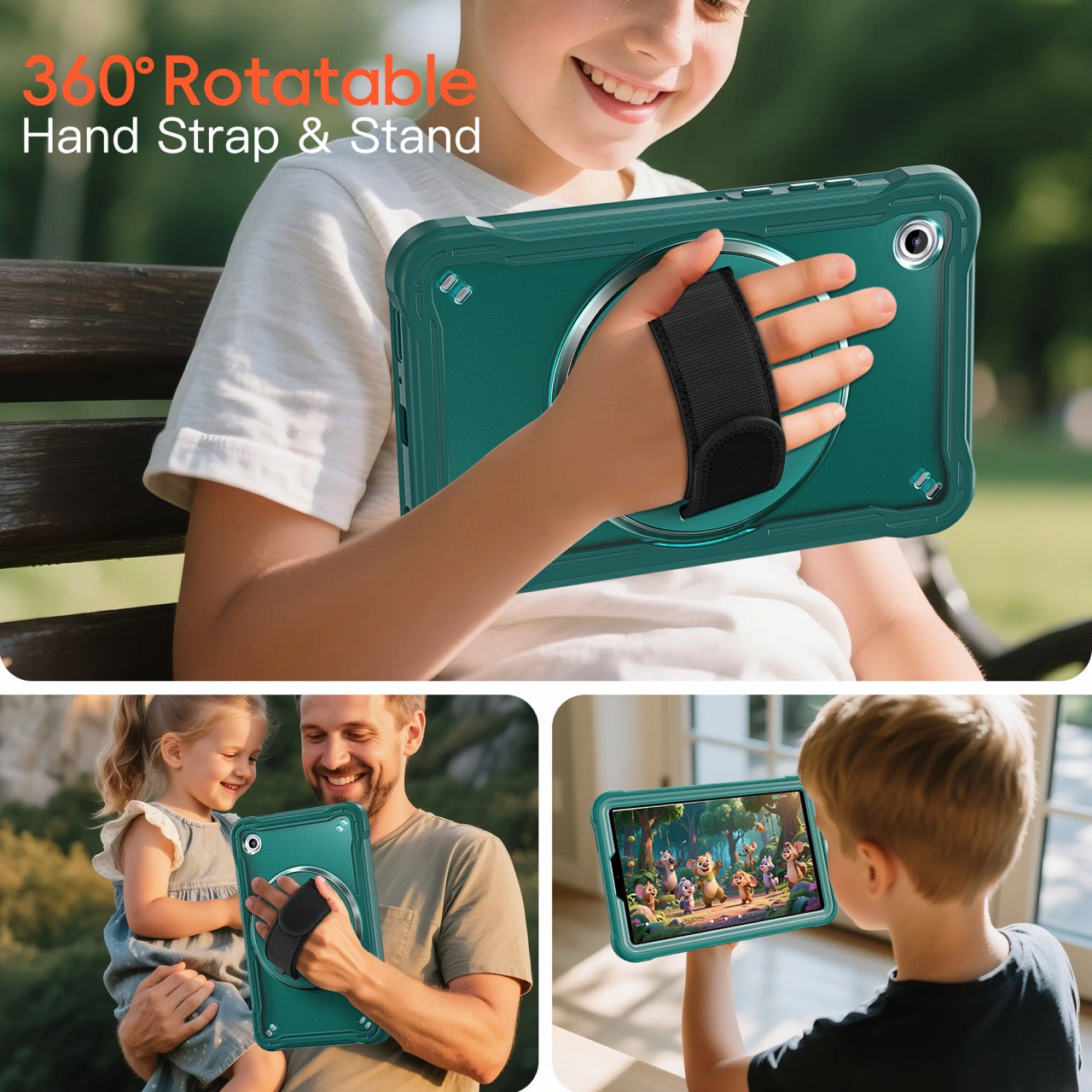Samsung Tab A11 Rugged Case - 360° Stand, Hand & Shoulder Strap - Shockproof - Green