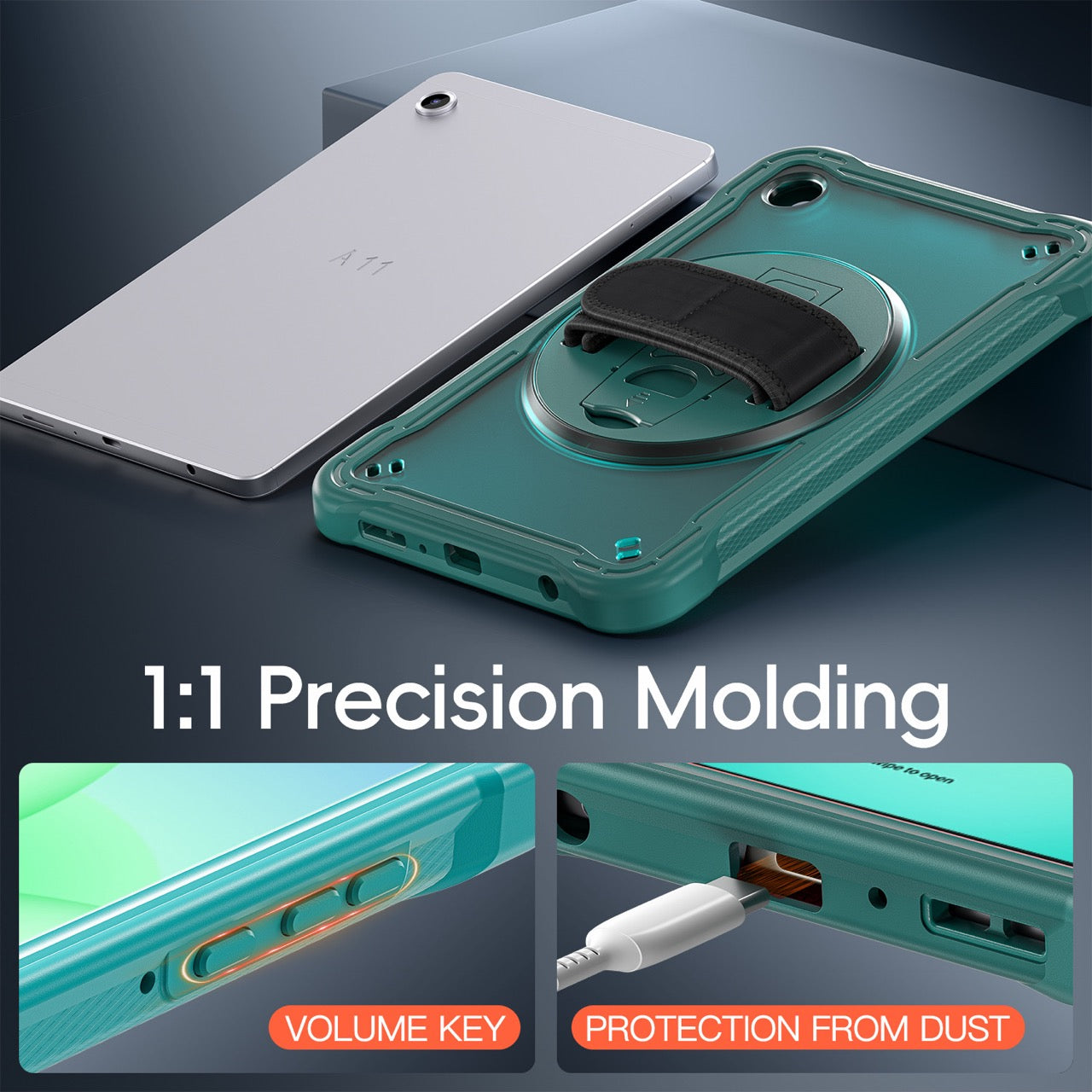 Samsung Tab A11 Rugged Case - 360° Stand, Hand & Shoulder Strap - Shockproof - Green