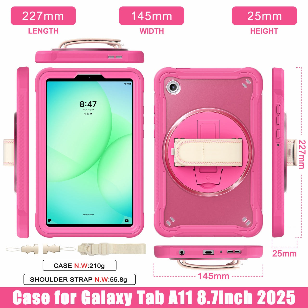 Samsung Tab A11 Rugged Case - 360° Stand, Hand & Shoulder Strap - Shockproof - Rose