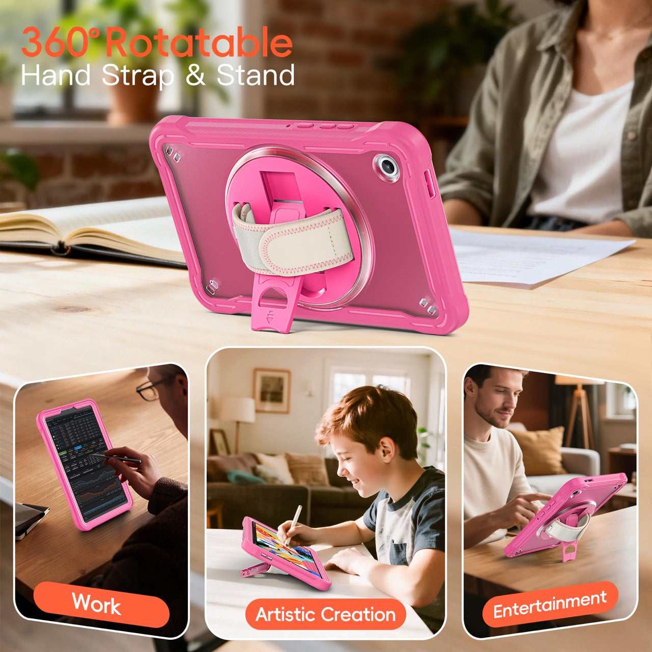 Samsung Tab A11 Rugged Case - 360° Stand, Hand & Shoulder Strap - Shockproof - Rose