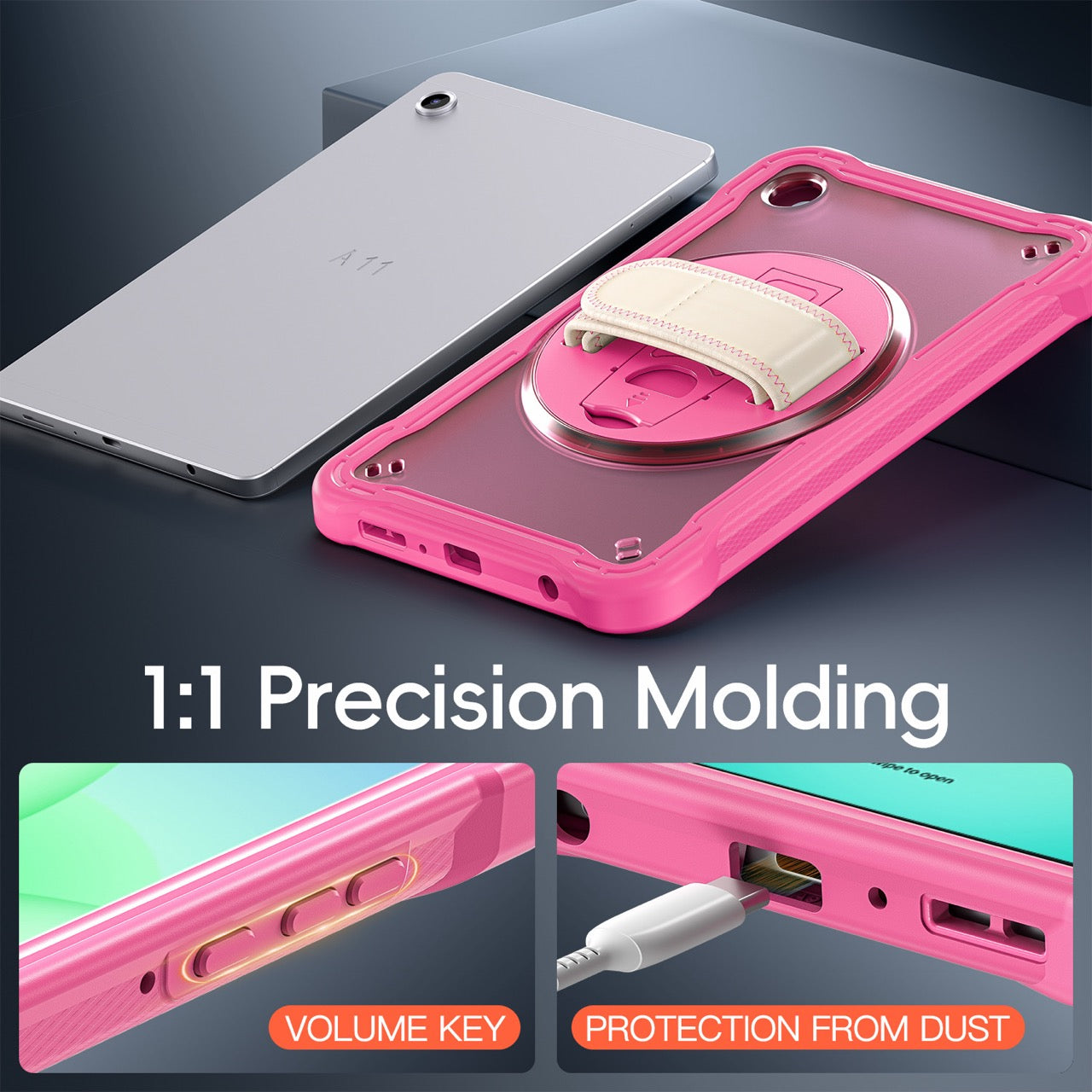 Samsung Tab A11 Rugged Case - 360° Stand, Hand & Shoulder Strap - Shockproof - Rose