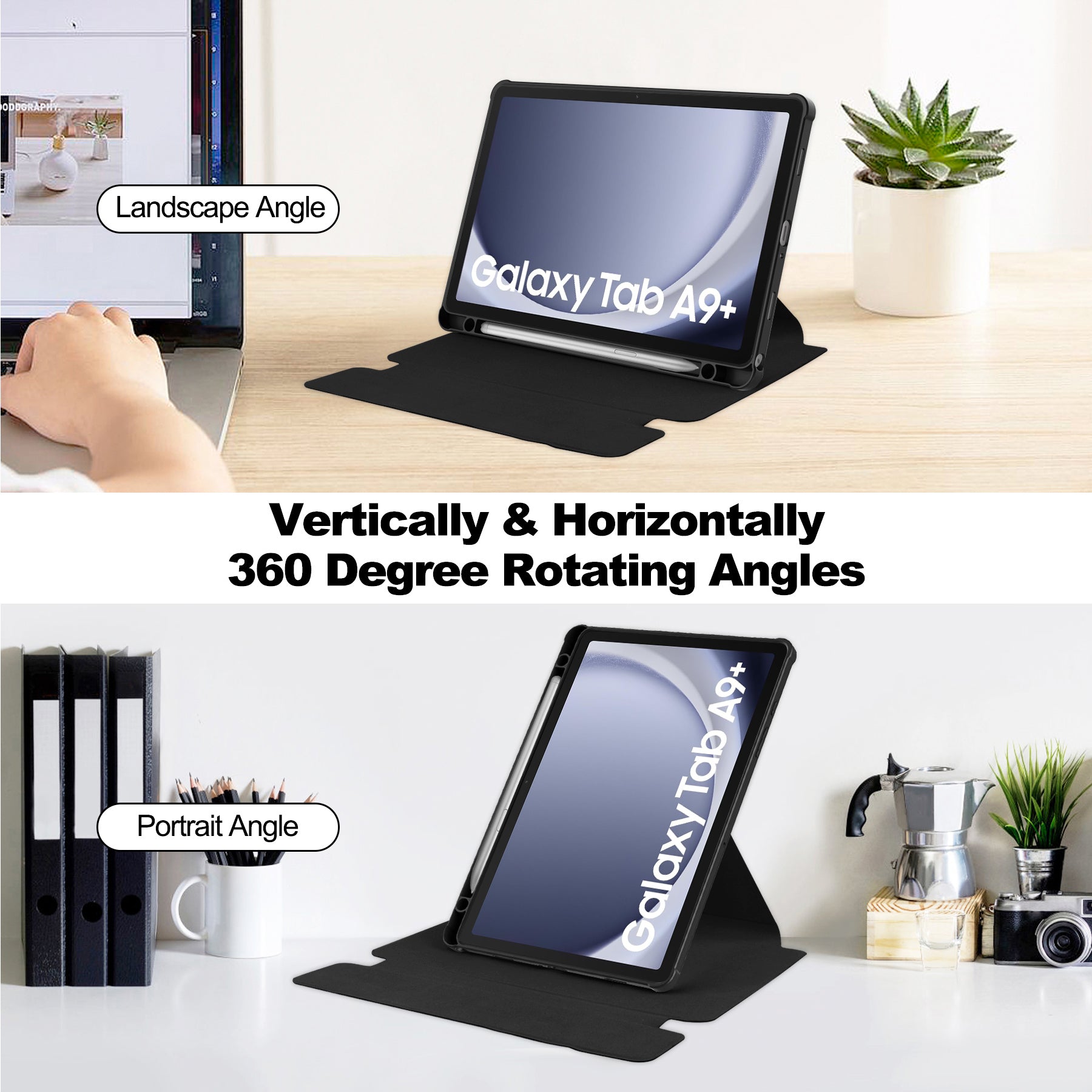360° Rotating Keyboard Case for Samsung Galaxy Tab A9+/A11+ – Detachable Keyboard with Pencil Holder [Black]