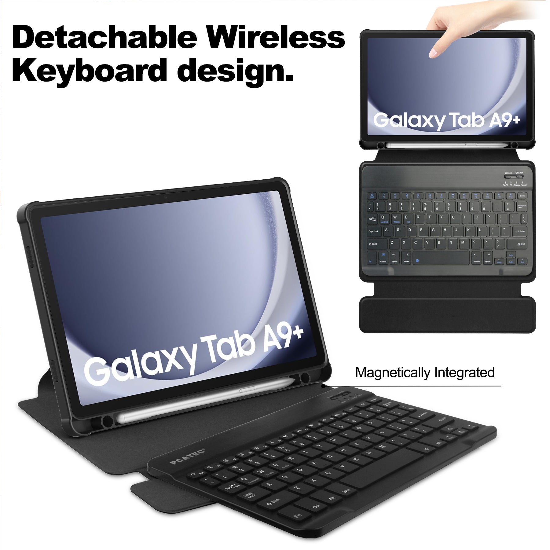 360° Rotating Keyboard Case for Samsung Galaxy Tab A9+/A11+ – Detachable Keyboard with Pencil Holder [Black]