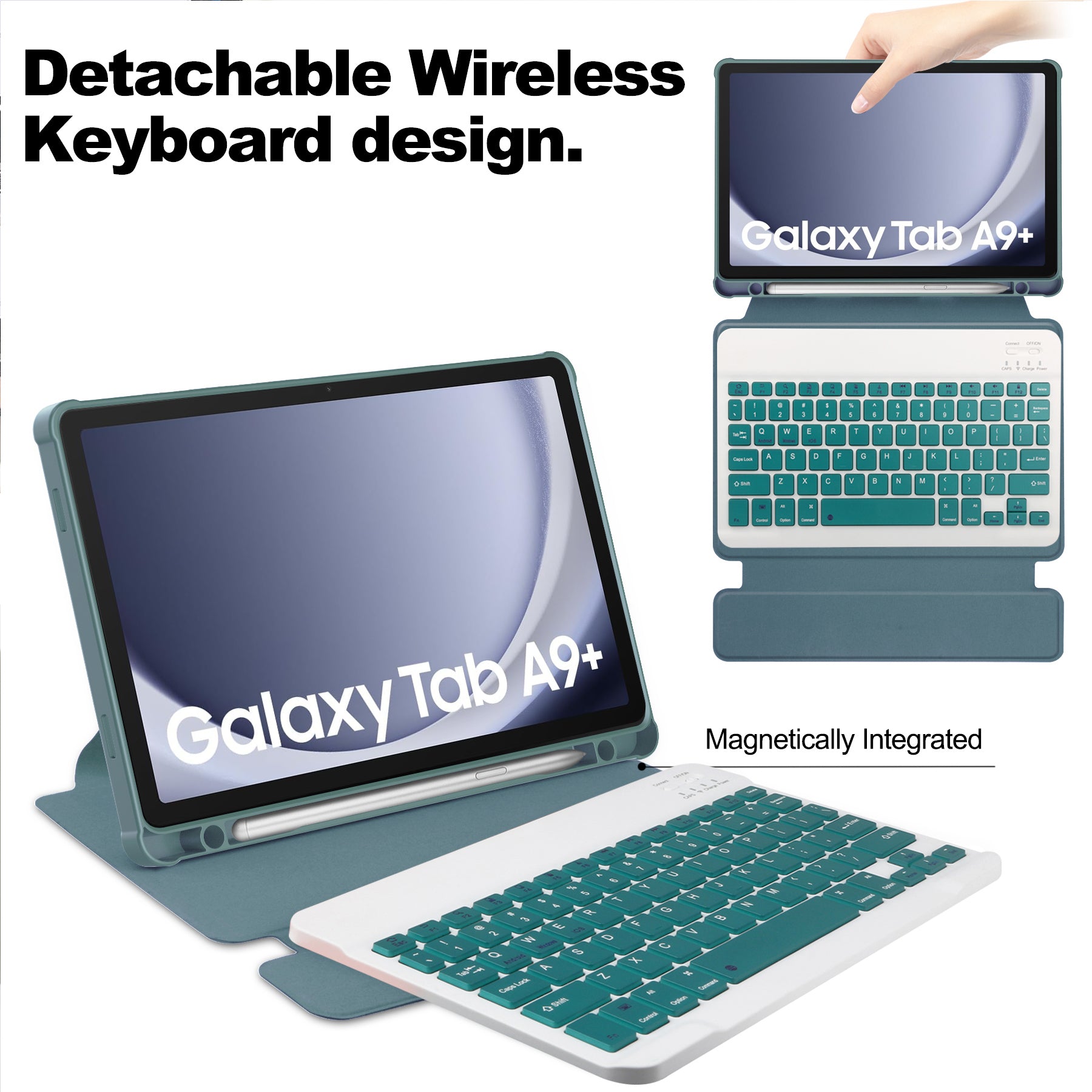 360° Rotating Keyboard Case for Samsung Galaxy Tab A9+/A11+ – Detachable Keyboard with Pencil Holder [Teal]