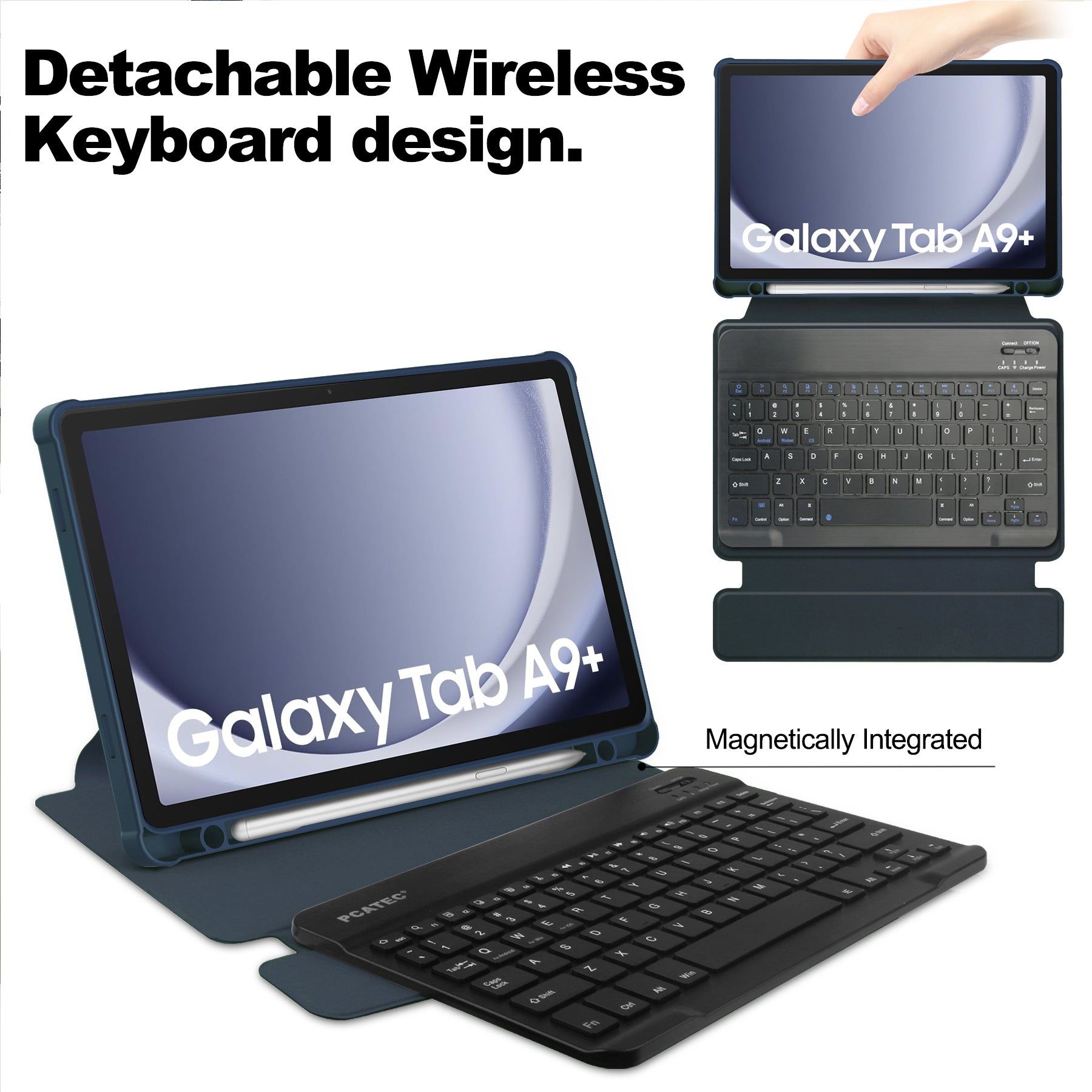 360° Rotating Keyboard Case for Samsung Galaxy Tab A9+/A11+ – Detachable Keyboard with Pencil Holder [Navy]