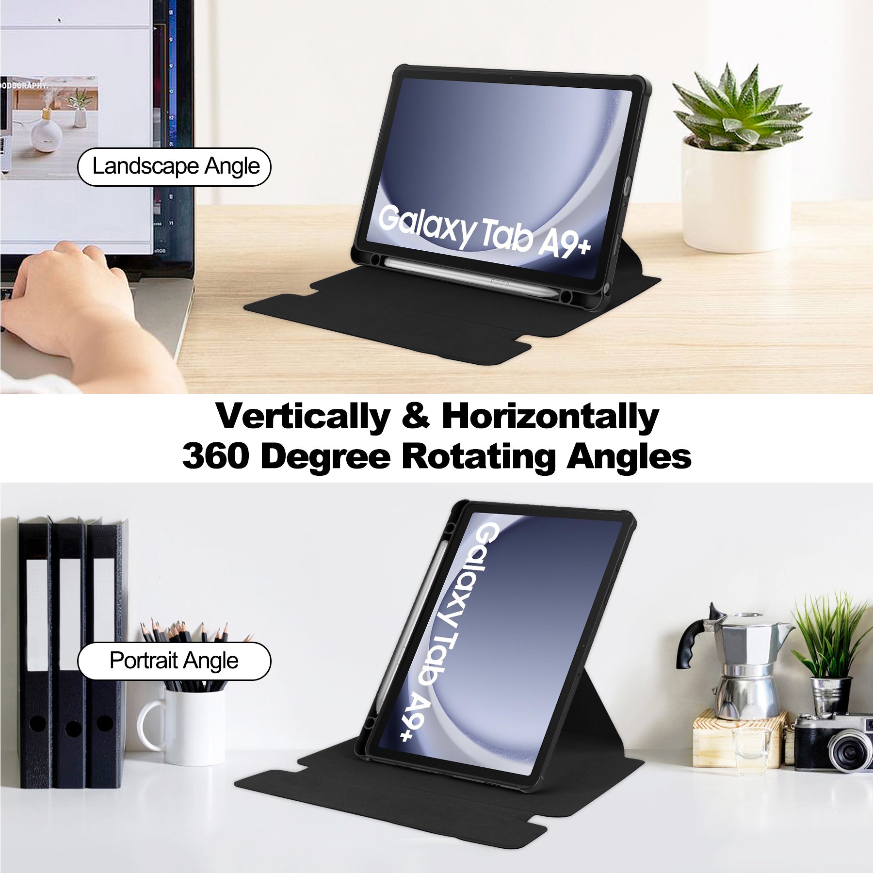 Samsung Tab A11 Plus A11+ Rotating Acrylic Back PU Leather Case with Pencil Holder [Black]