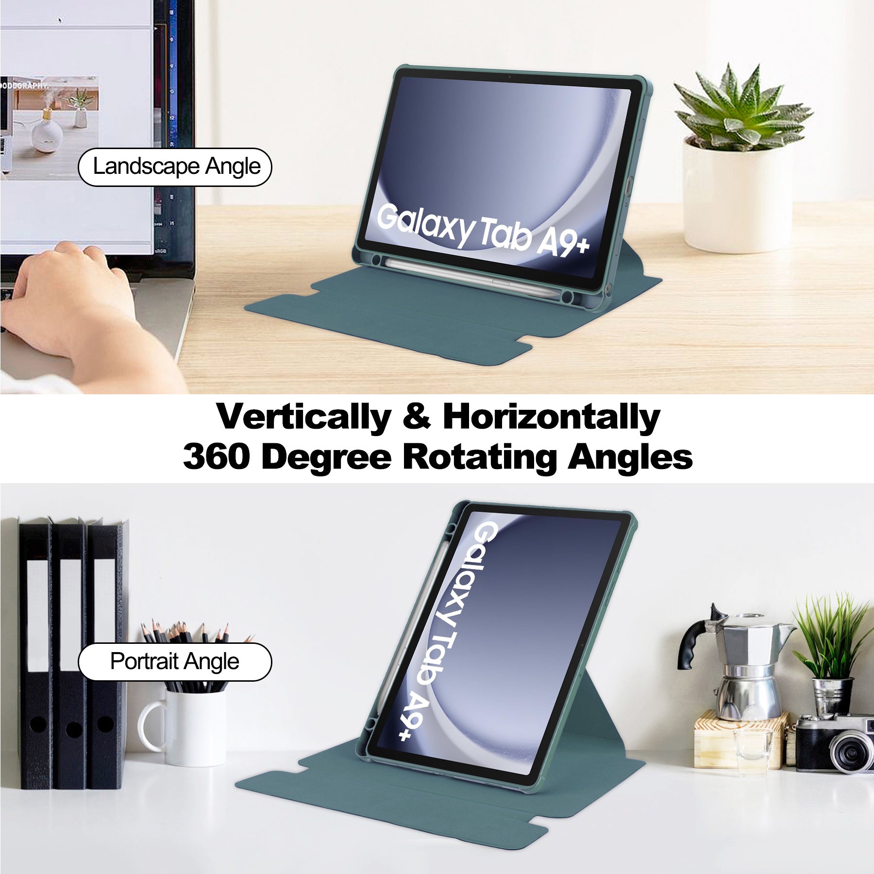 Rotating Acrylic Back PU Leather Case for Samsung Galaxy Tab A9+/A11+ with Pencil Holder [Teal]