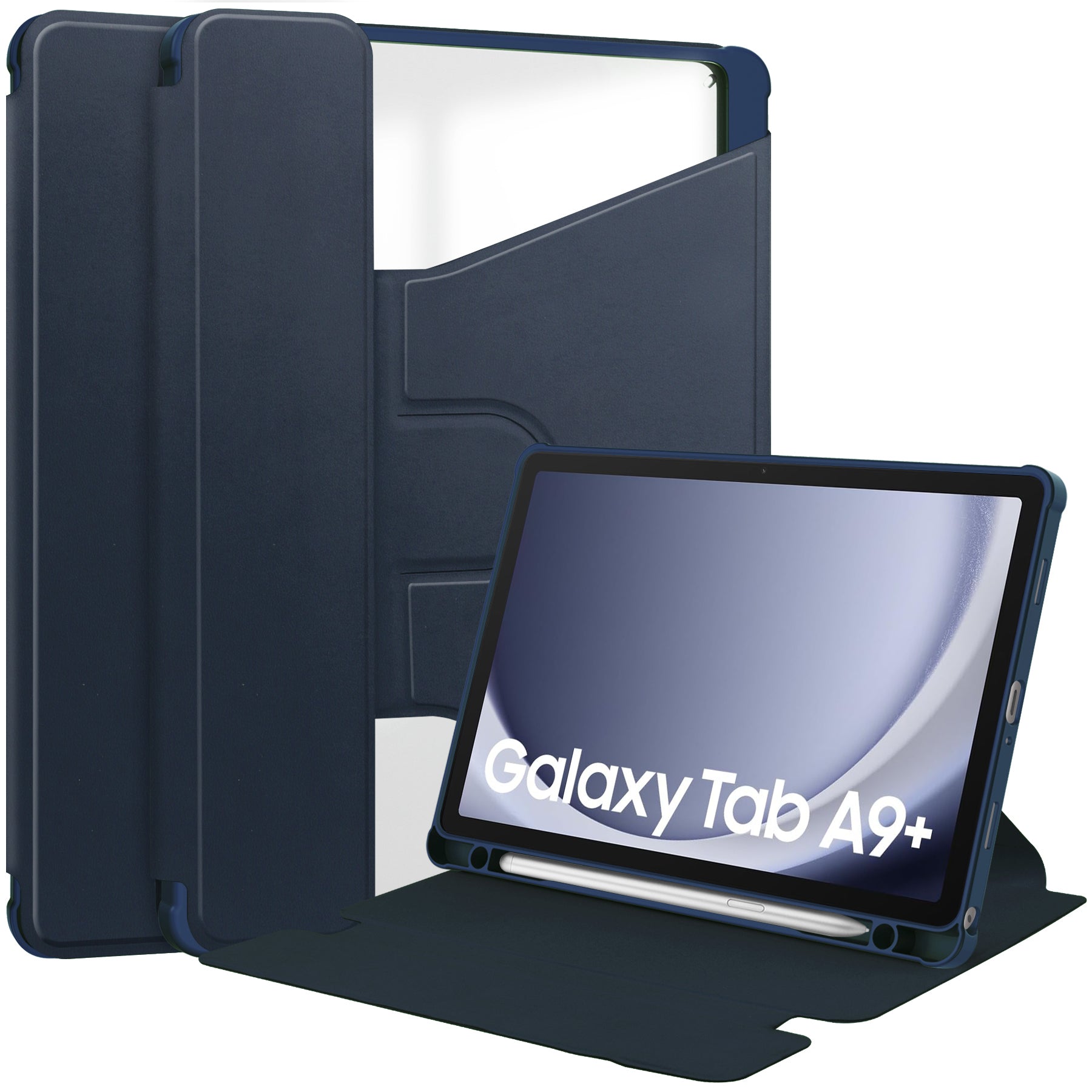 Samsung Tab A11 Plus A11+ Rotating Acrylic Back PU Leather Case with Pencil Holder [Navy]