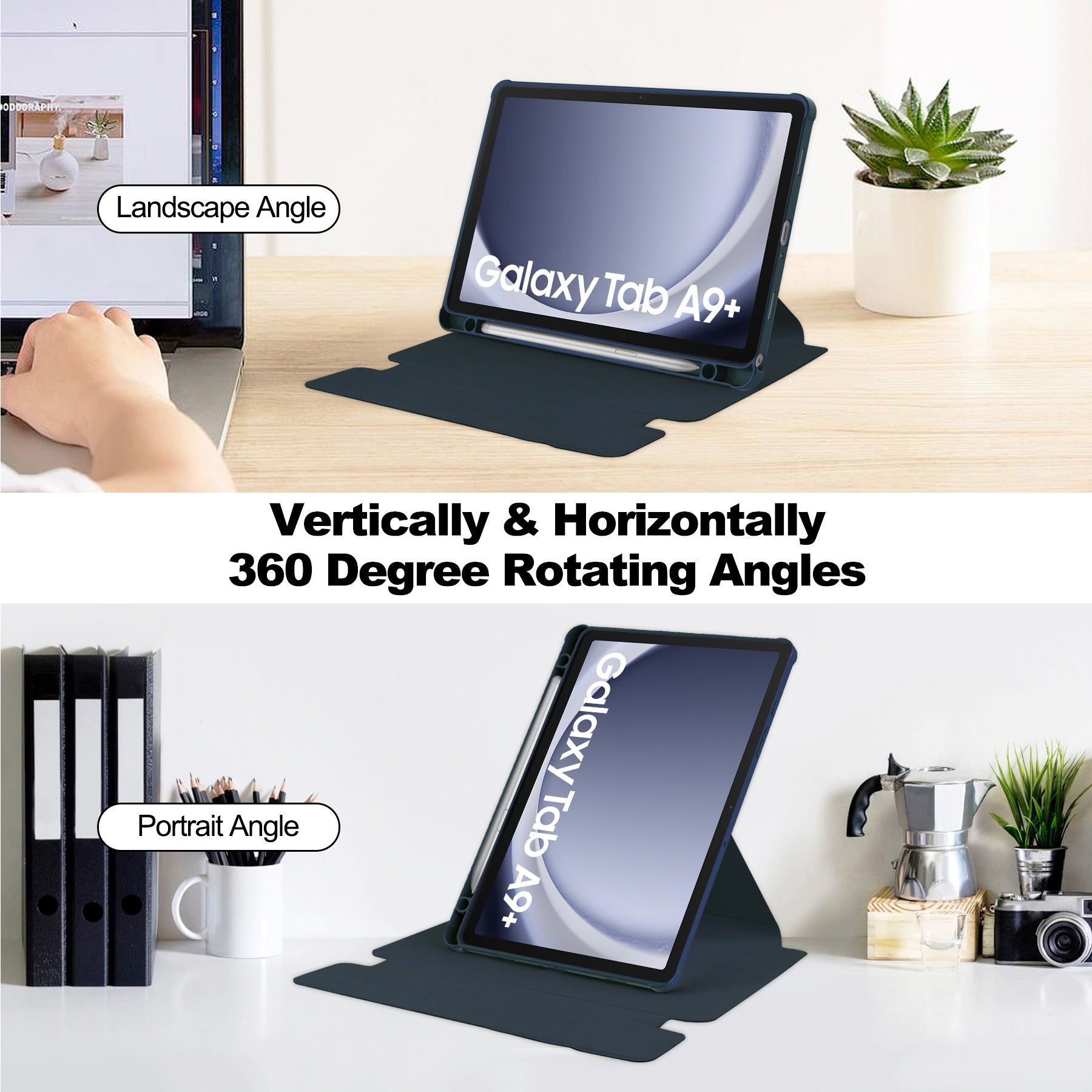 Samsung Tab A11 Plus A11+ Rotating Acrylic Back PU Leather Case with Pencil Holder [Navy]