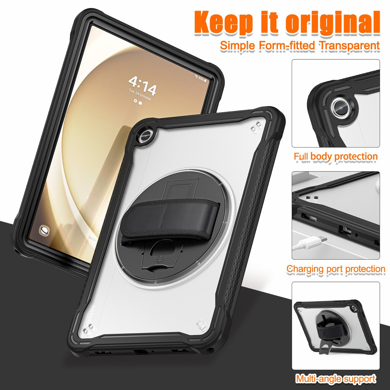Samsung Tab A9+ A9 Plus Rugged Case - 360° Stand, Hand & Shoulder Strap - Shockproof - Black