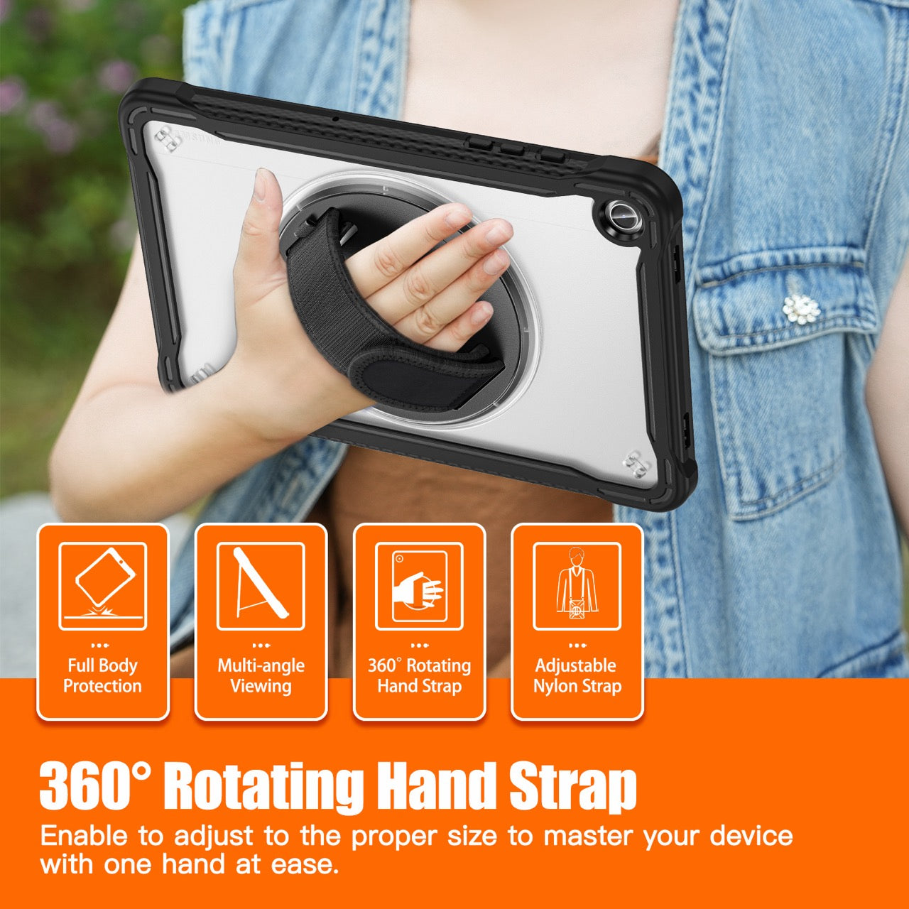 Samsung Tab A9+ A9 Plus Rugged Case - 360° Stand, Hand & Shoulder Strap - Shockproof - Black