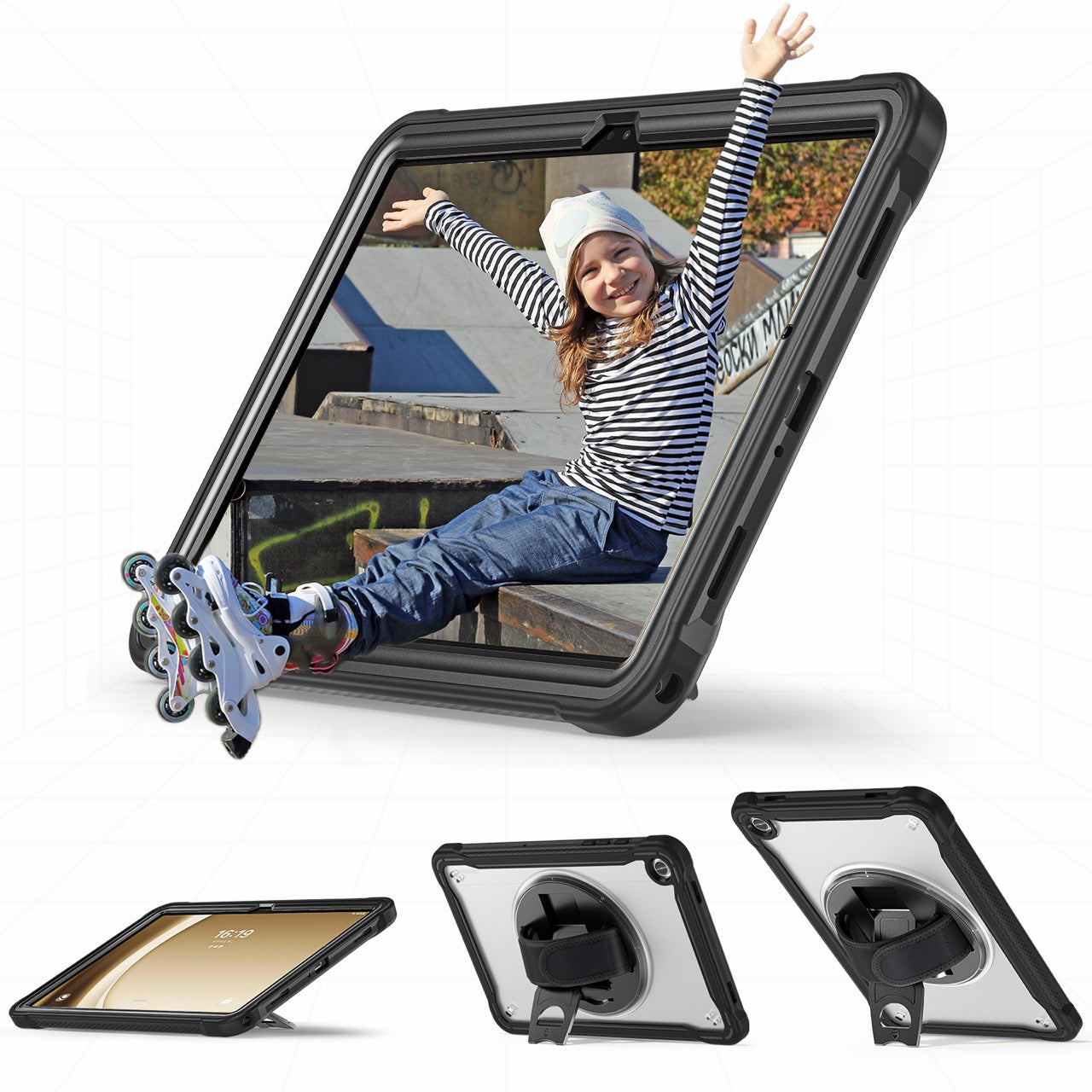 Samsung Tab A9+ A9 Plus Rugged Case - 360° Stand, Hand & Shoulder Strap - Shockproof - Black