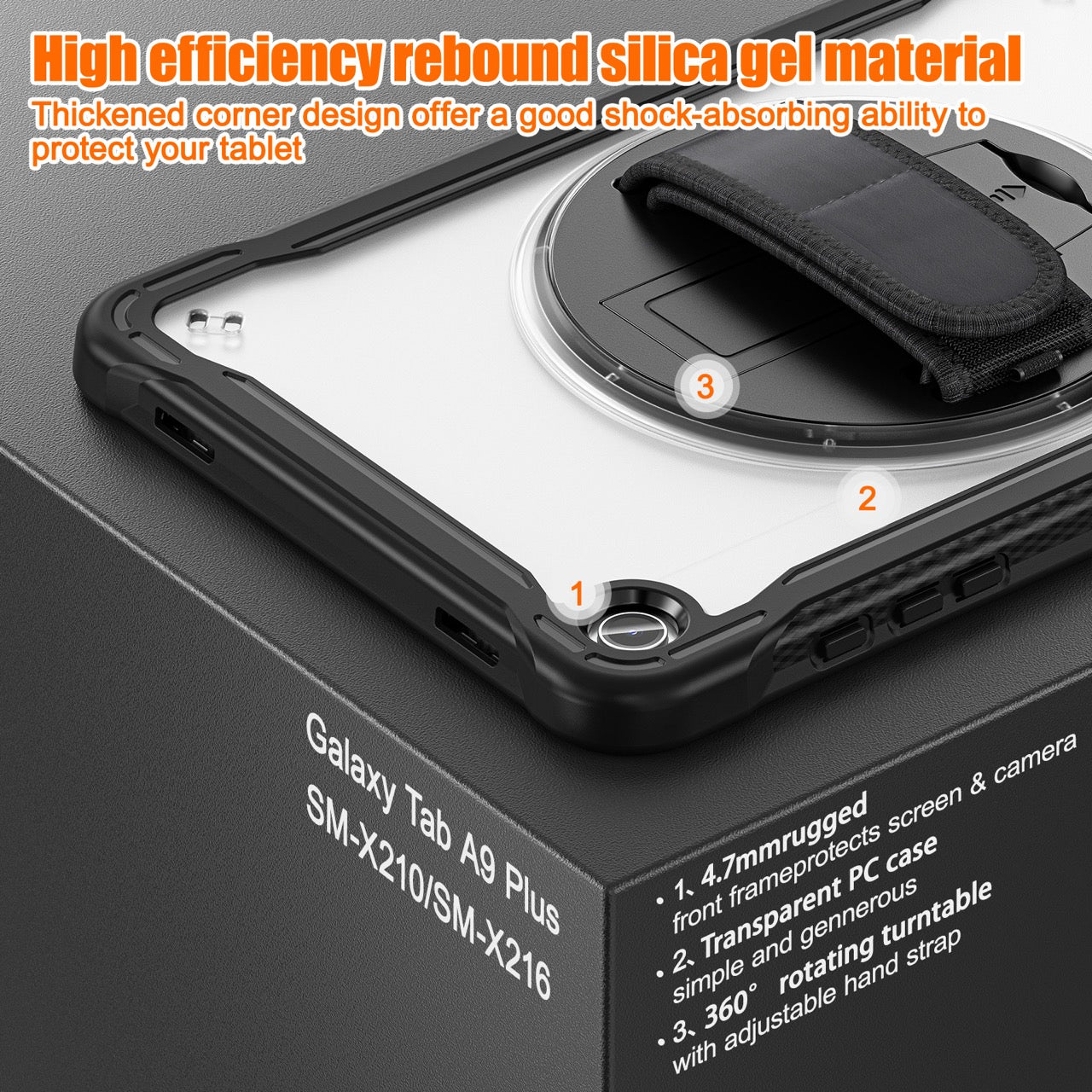 Samsung Tab A9+ A9 Plus Rugged Case - 360° Stand, Hand & Shoulder Strap - Shockproof - Black