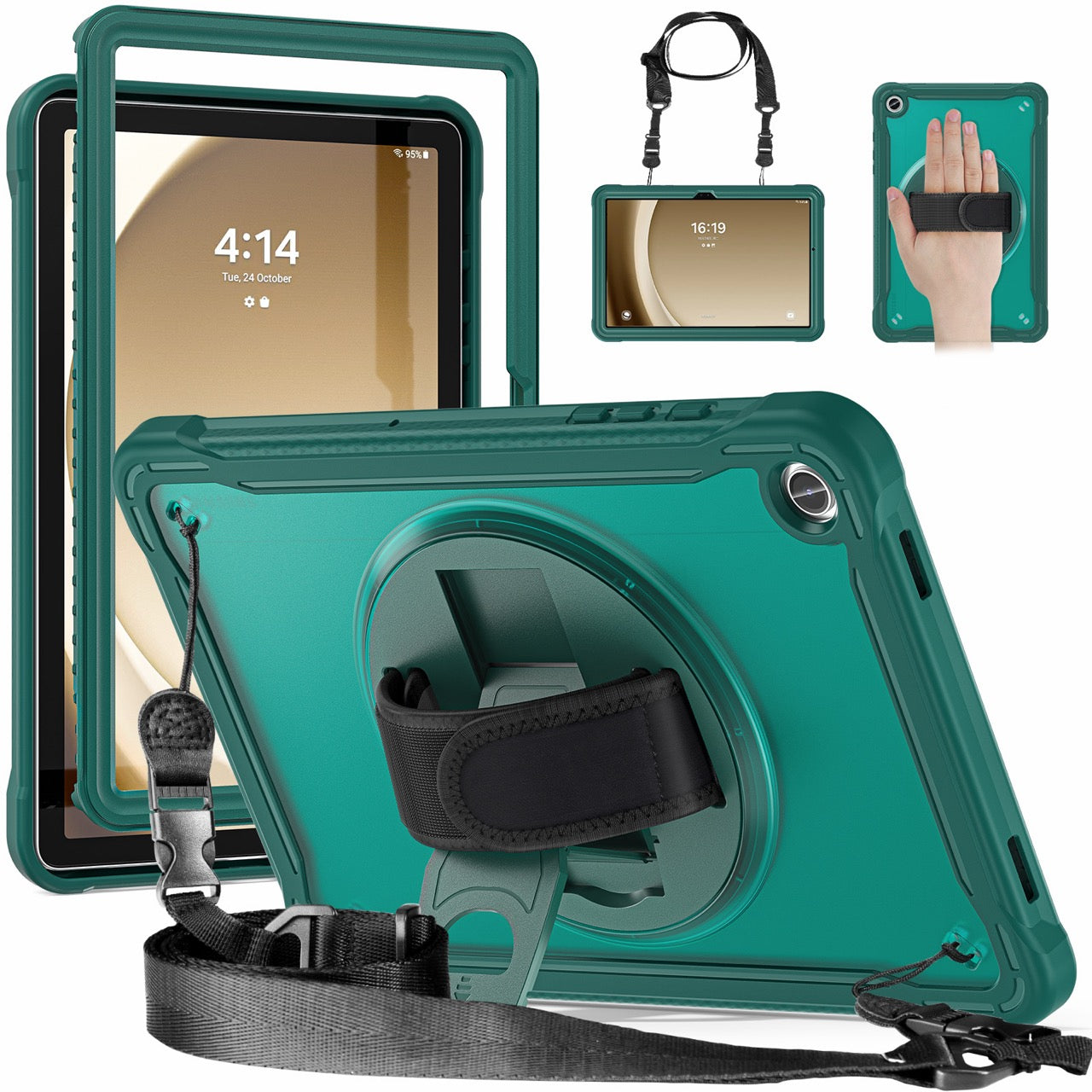 Samsung Tab A9+ A9 Plus Rugged Case - 360° Stand, Hand & Shoulder Strap - Shockproof - Green