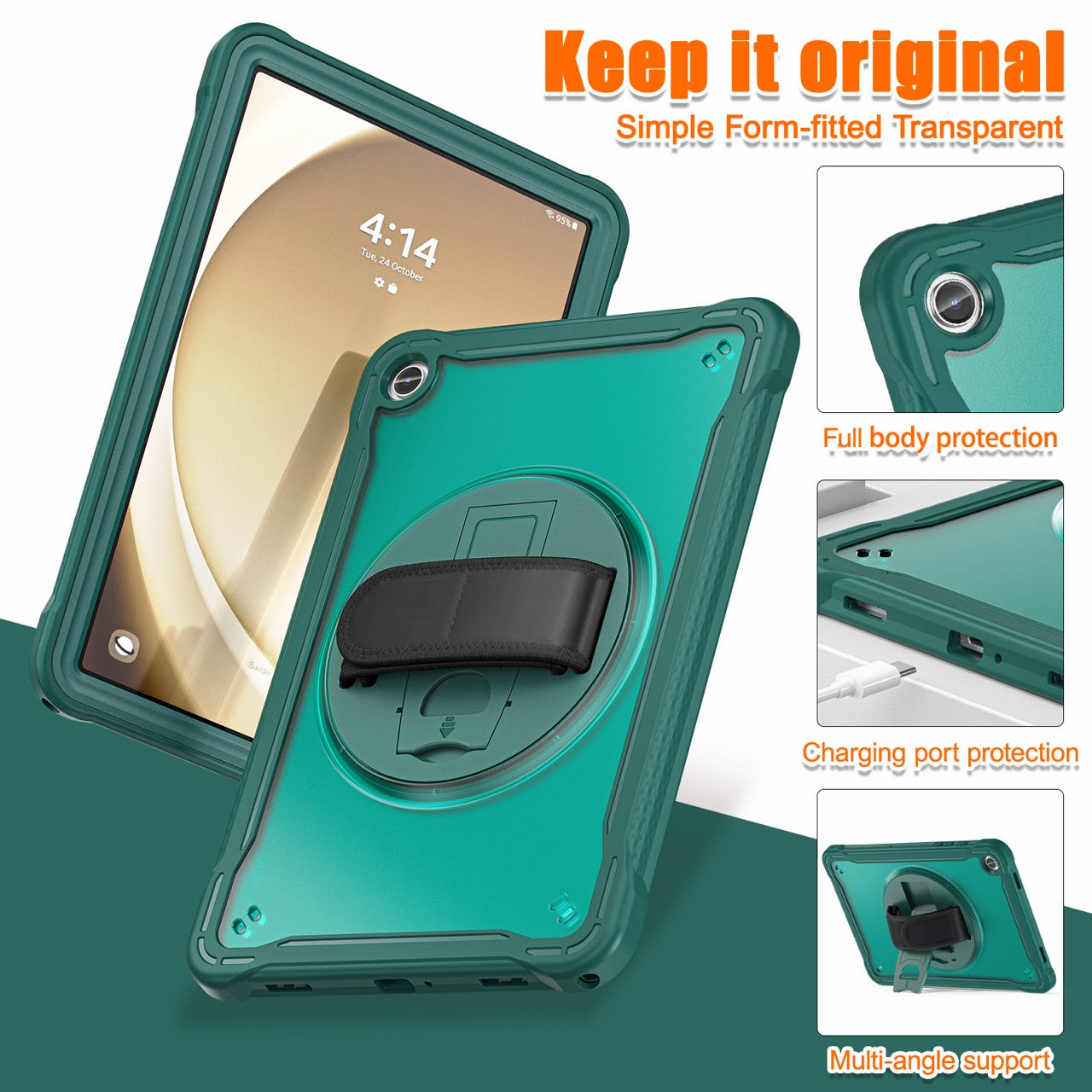 Samsung Tab A9+ A9 Plus Rugged Case - 360° Stand, Hand & Shoulder Strap - Shockproof - Green
