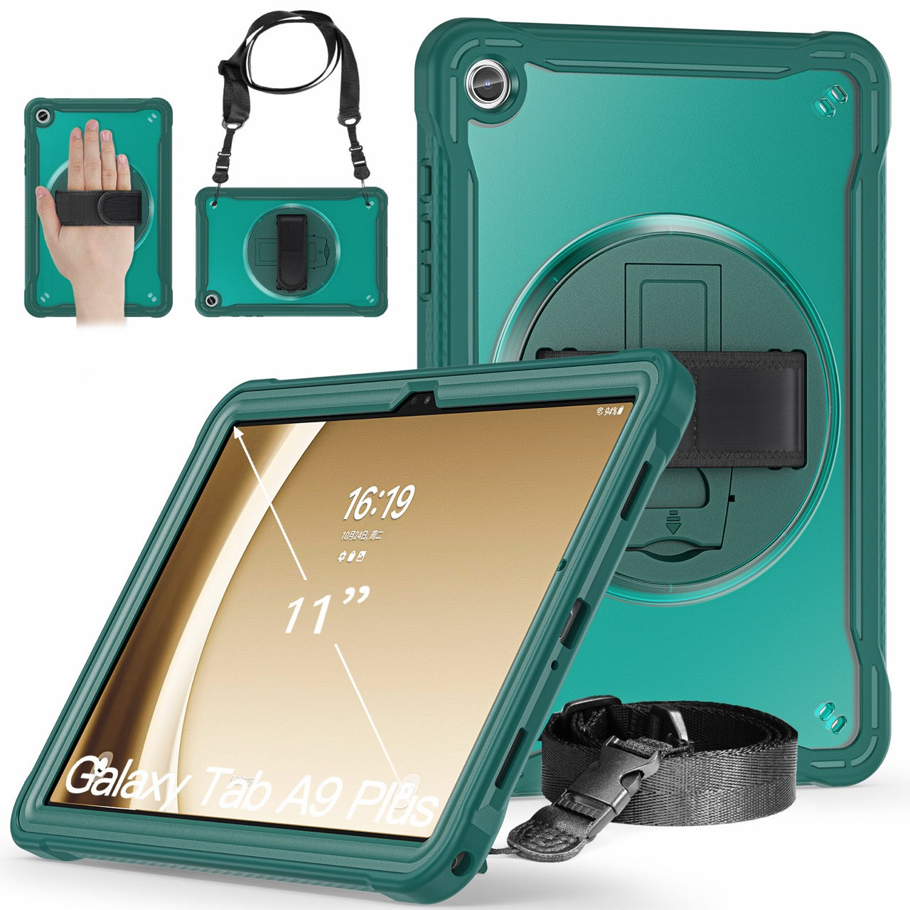 Samsung Tab A9+ A9 Plus Rugged Case - 360° Stand, Hand & Shoulder Strap - Shockproof - Green