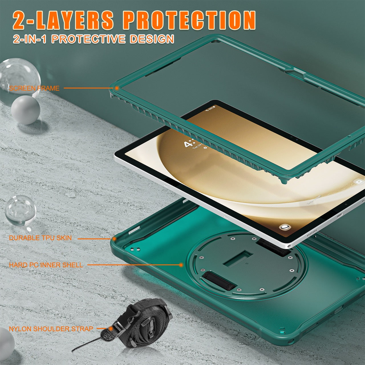 Samsung Tab A9+ A9 Plus Rugged Case - 360° Stand, Hand & Shoulder Strap - Shockproof - Green