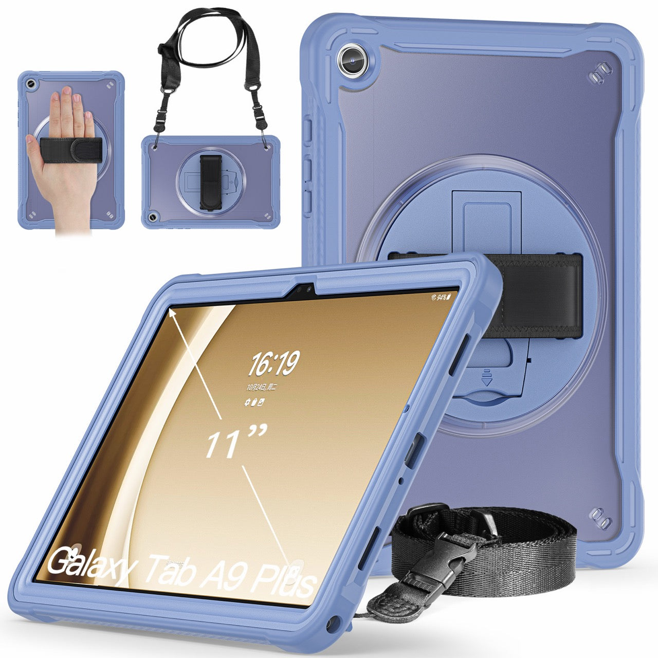 Samsung Tab A9+ A9 Plus Rugged Case - 360° Stand, Hand & Shoulder Strap - Shockproof - Lavender