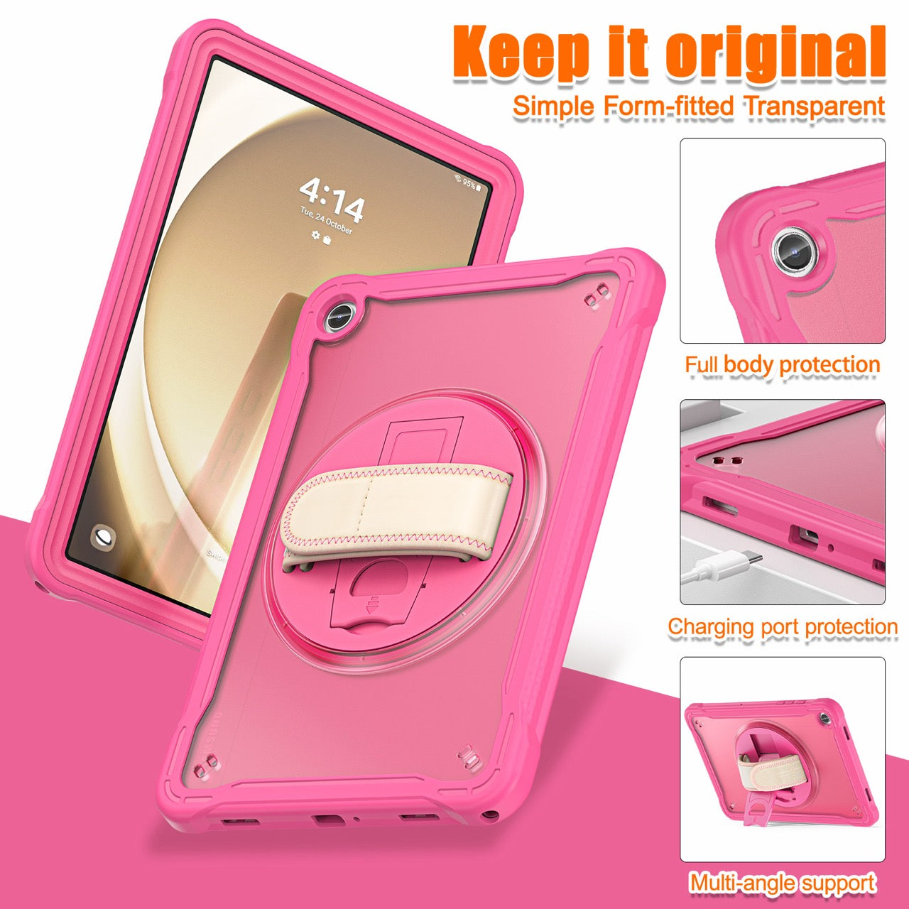 Samsung Tab A9+ A9 Plus Rugged Case - 360° Stand, Hand & Shoulder Strap - Shockproof - Rose