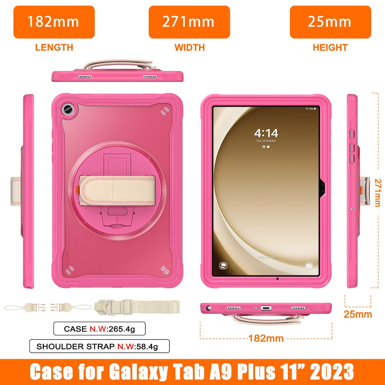 Samsung Tab A9+ A9 Plus Rugged Case - 360° Stand, Hand & Shoulder Strap - Shockproof - Rose