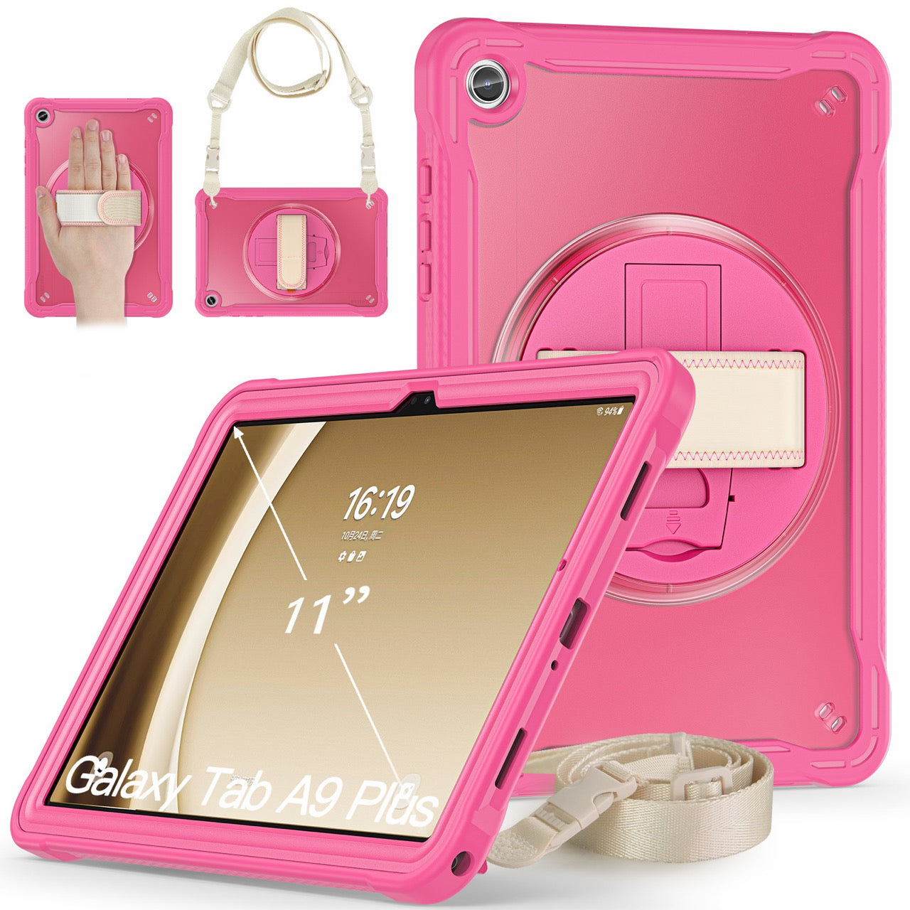 Samsung Tab A9+ A9 Plus Rugged Case - 360° Stand, Hand & Shoulder Strap - Shockproof - Rose