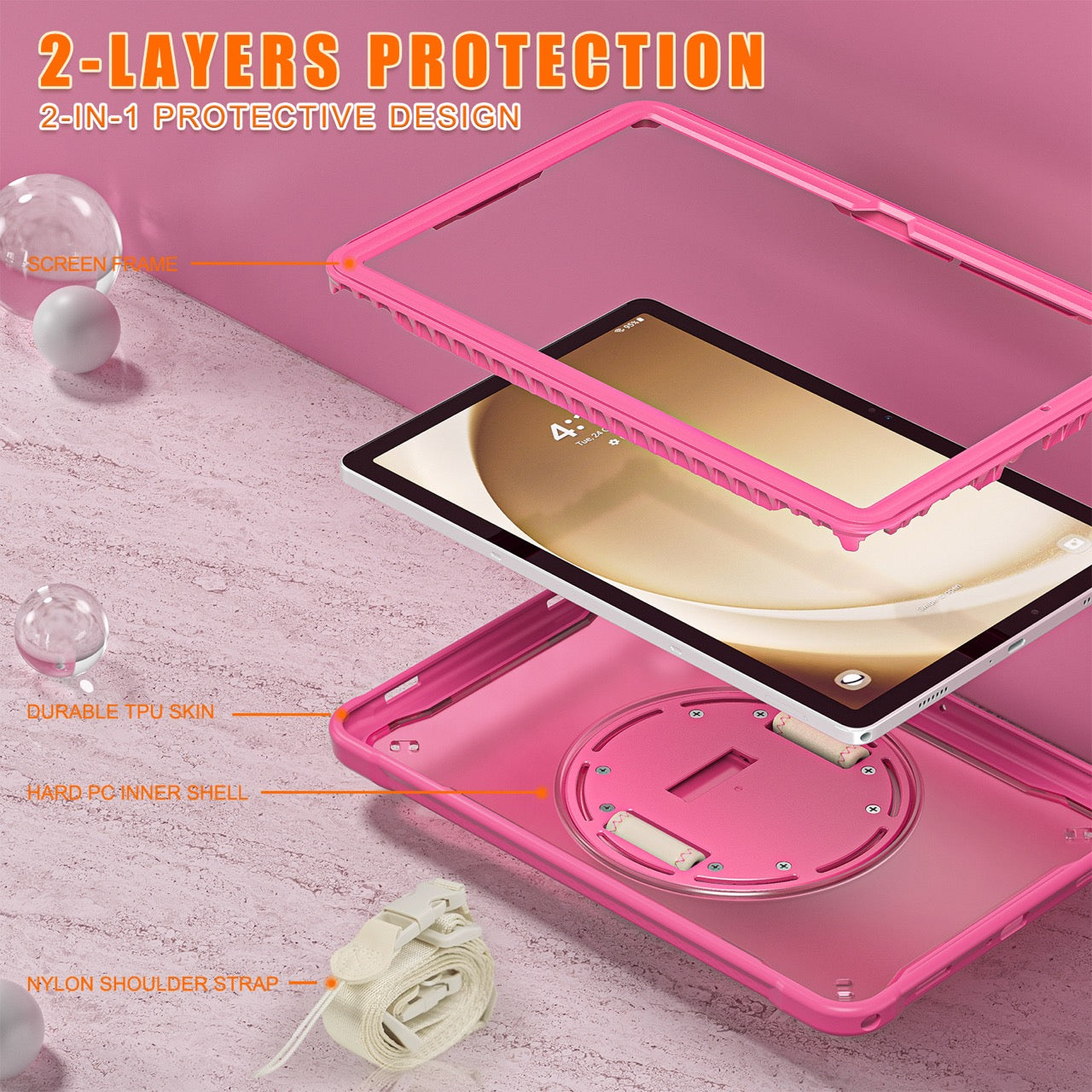 Samsung Tab A9+ A9 Plus Rugged Case - 360° Stand, Hand & Shoulder Strap - Shockproof - Rose