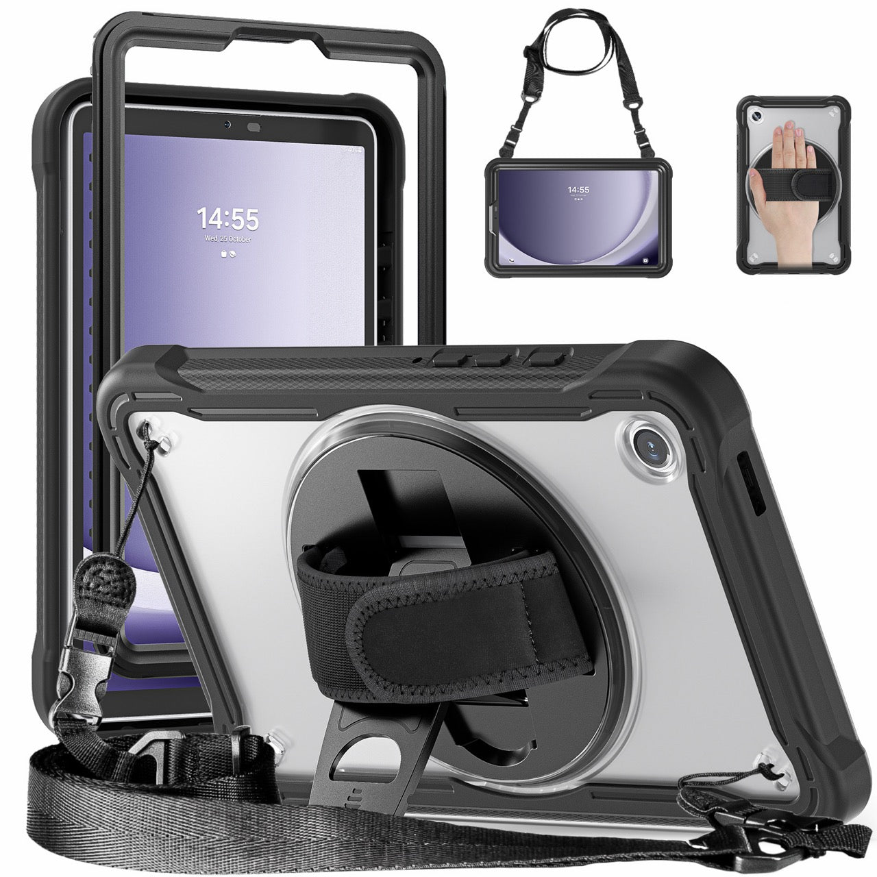 Samsung Tab A9 Rugged Case - 360° Stand, Hand & Shoulder Strap - Shockproof - Black