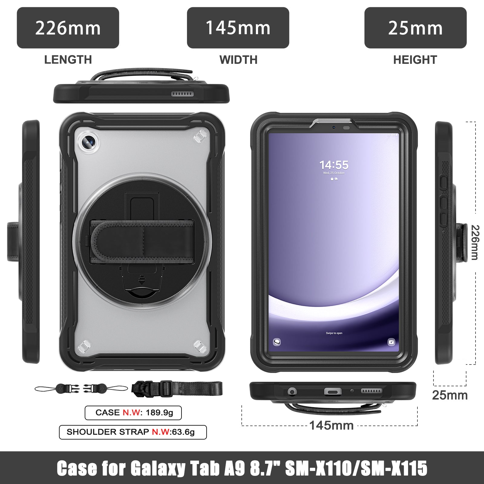 Samsung Tab A9 Rugged Case - 360° Stand, Hand & Shoulder Strap - Shockproof - Black