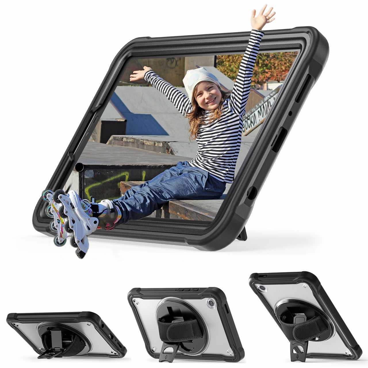 Samsung Tab A9 Rugged Case - 360° Stand, Hand & Shoulder Strap - Shockproof - Black