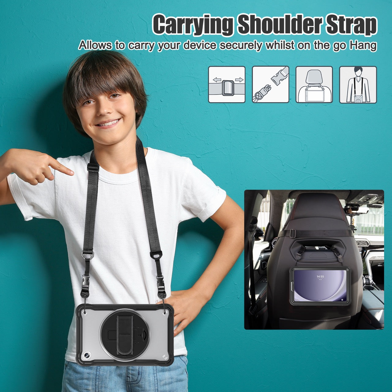 Samsung Tab A9 Rugged Case - 360° Stand, Hand & Shoulder Strap - Shockproof - Black
