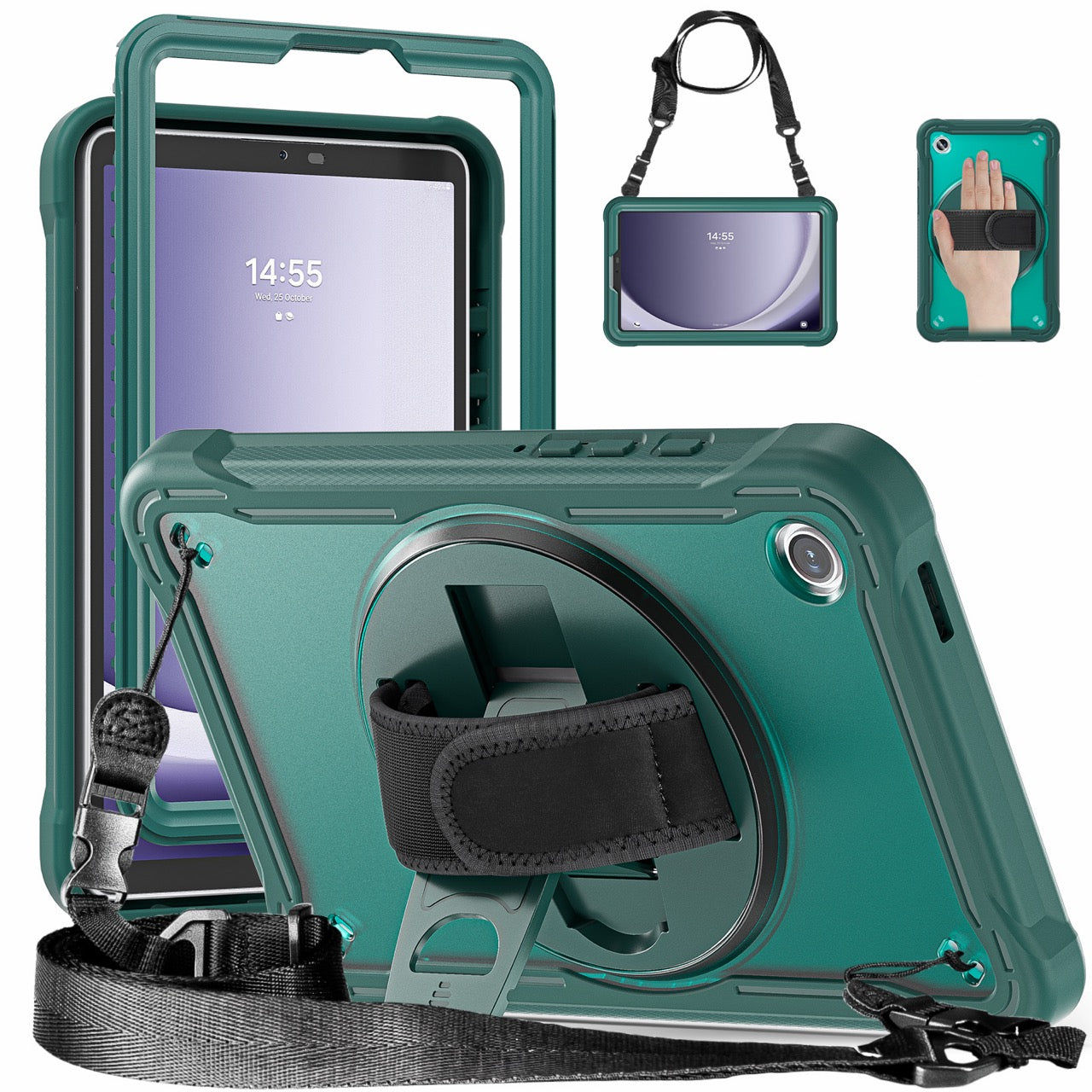 Samsung Tab A9 Rugged Case - 360° Stand, Hand & Shoulder Strap - Shockproof - Green