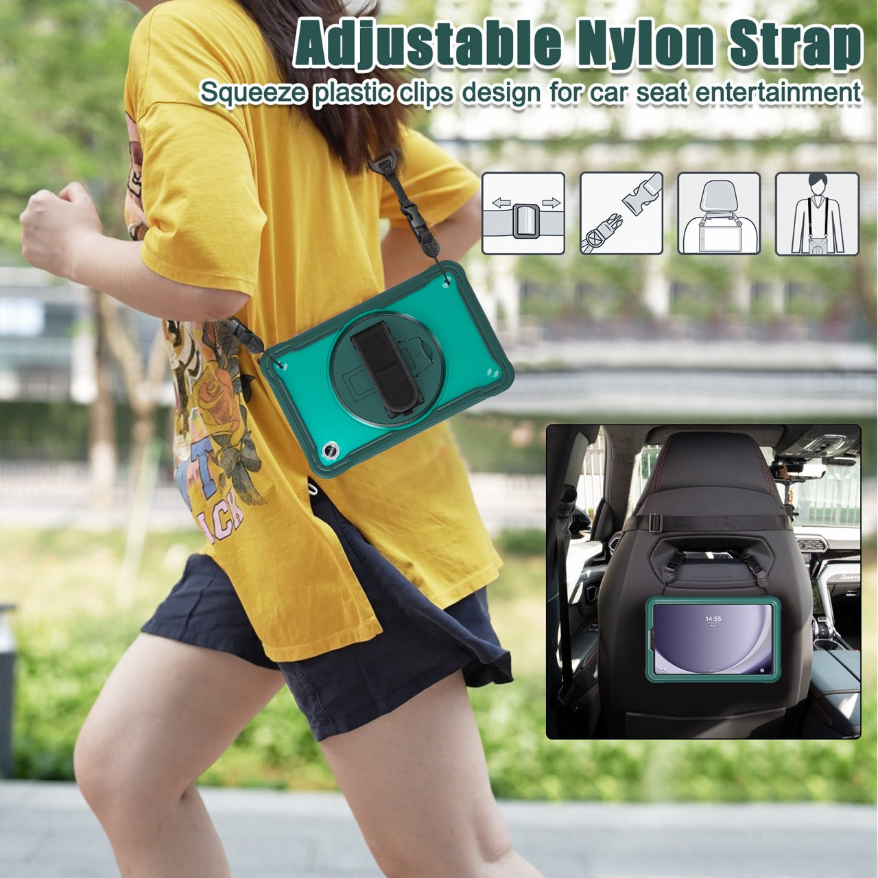 Samsung Tab A9 Rugged Case - 360° Stand, Hand & Shoulder Strap - Shockproof - Green