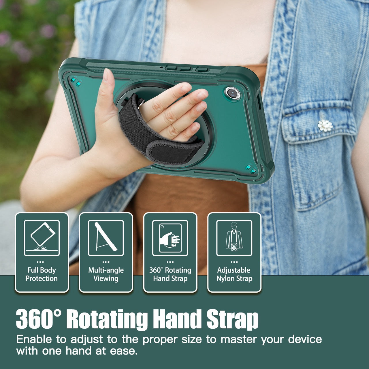 Samsung Tab A9 Rugged Case - 360° Stand, Hand & Shoulder Strap - Shockproof - Green