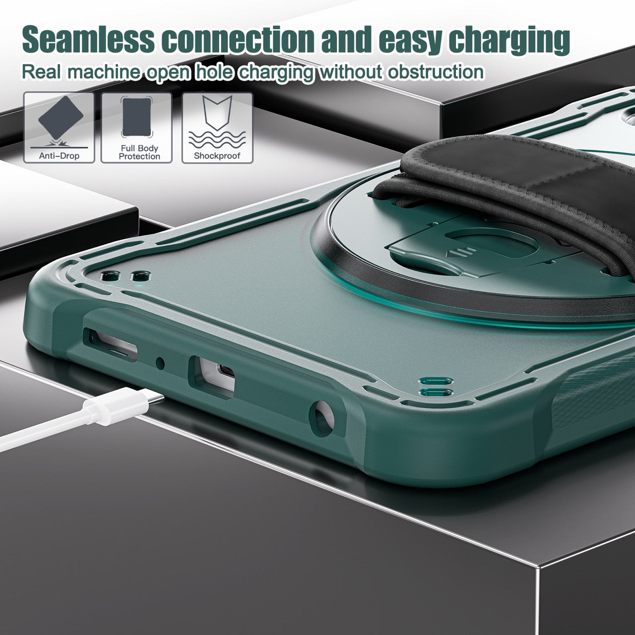 Samsung Tab A9 Rugged Case - 360° Stand, Hand & Shoulder Strap - Shockproof - Green