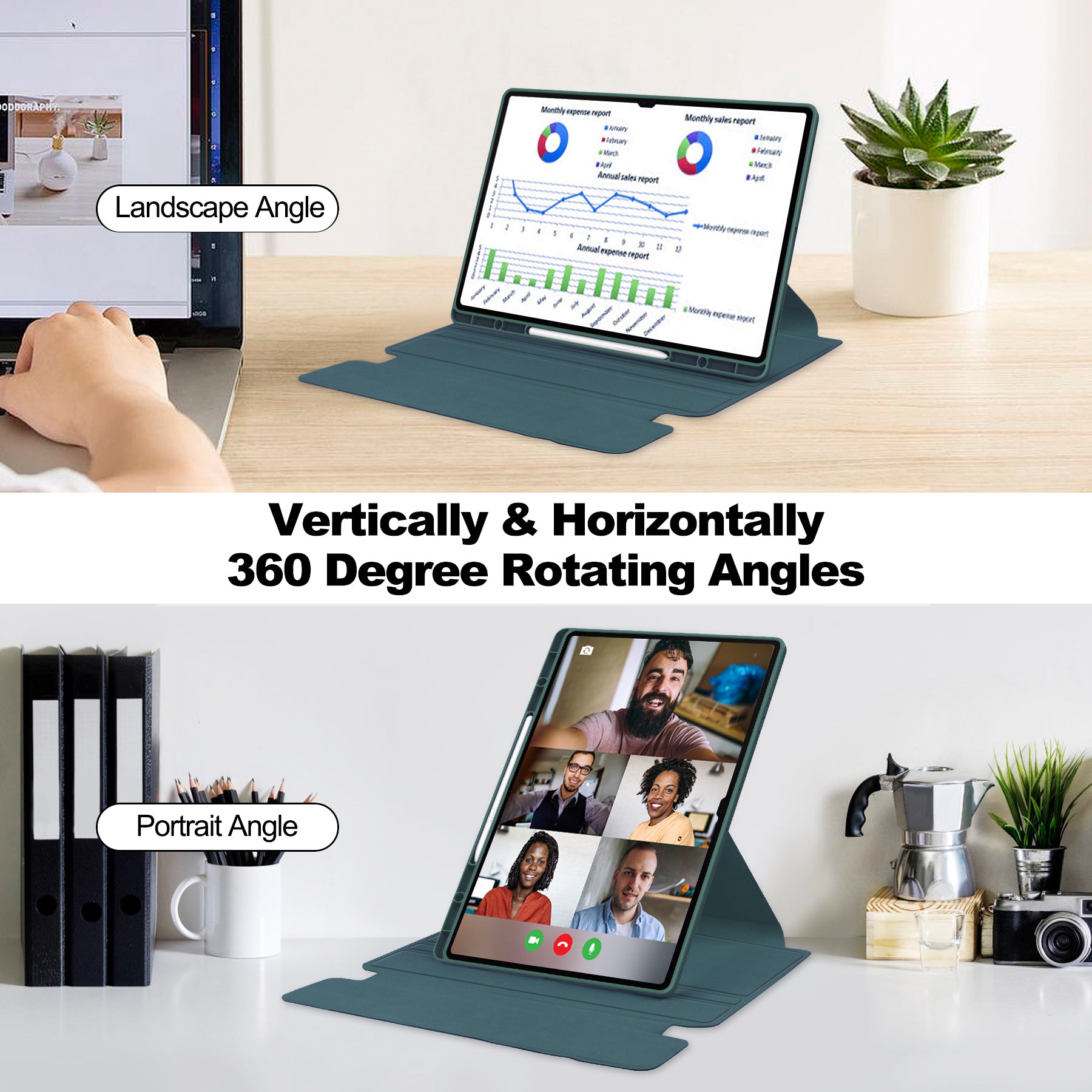 Rotating Acrylic Back PU Leather Case for Samsung Galaxy Tab S10Ultra/S9Ultra/S8Ultra with Pencil Holder [Teal]