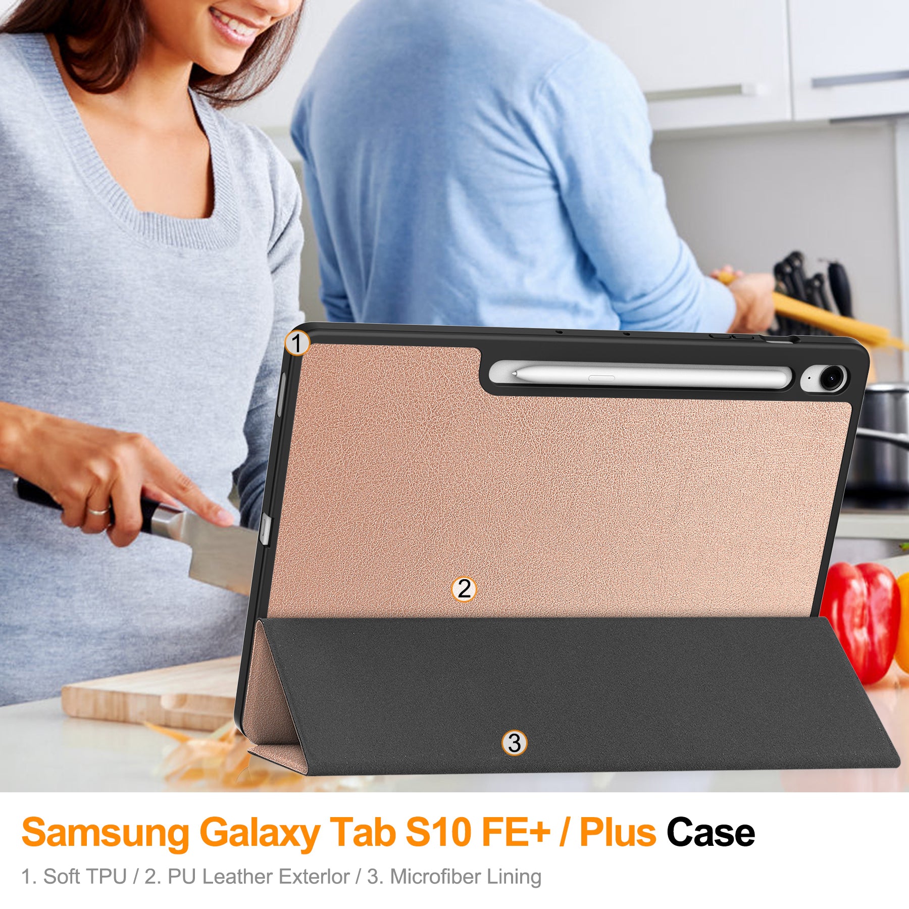 Samsung Tab S10FE Plus X620 Tri Fold Pen Holder Case [Rose Gold]