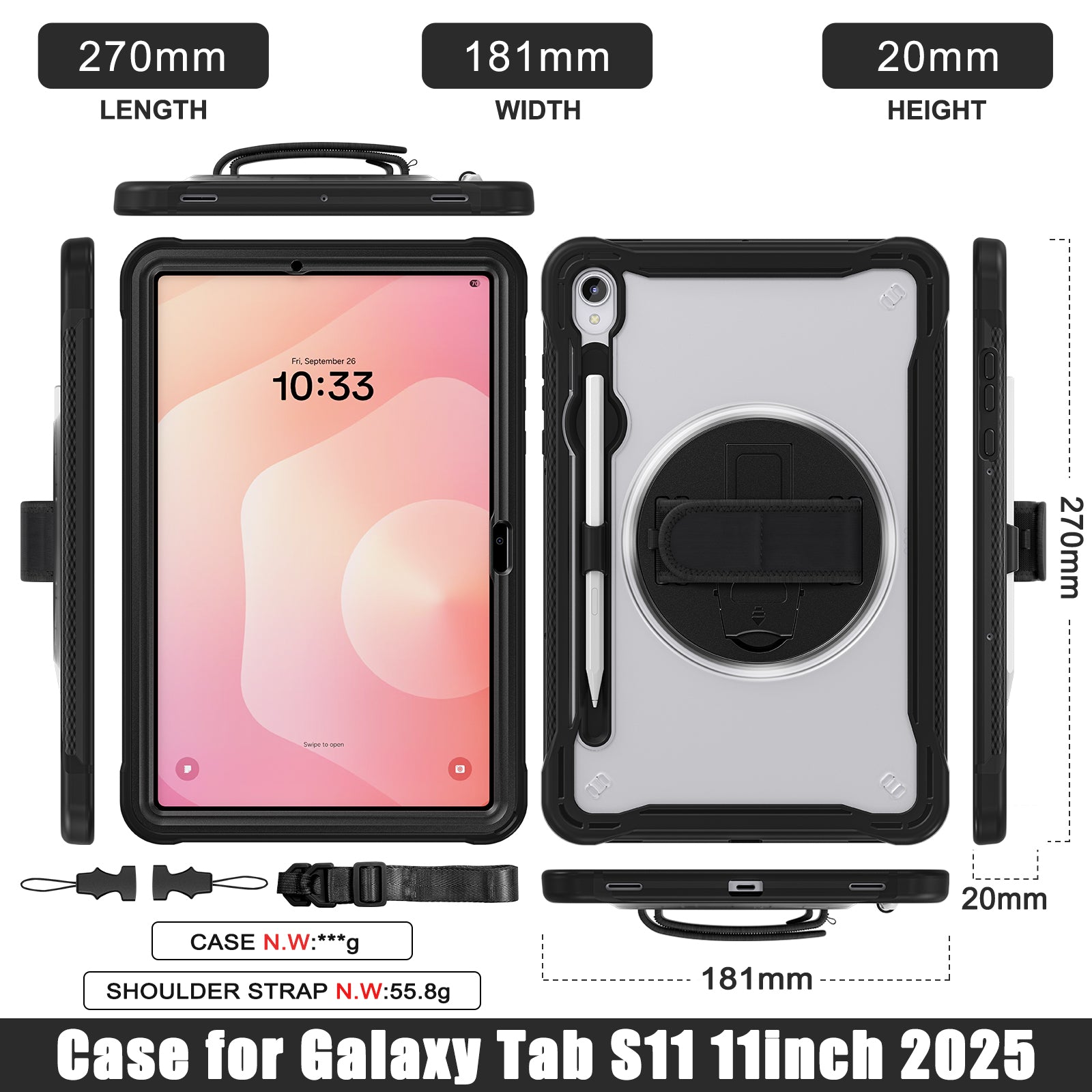 Samsung Tab S11 Rugged Case - 360° Stand, Hand & Shoulder Strap - Shockproof - Black