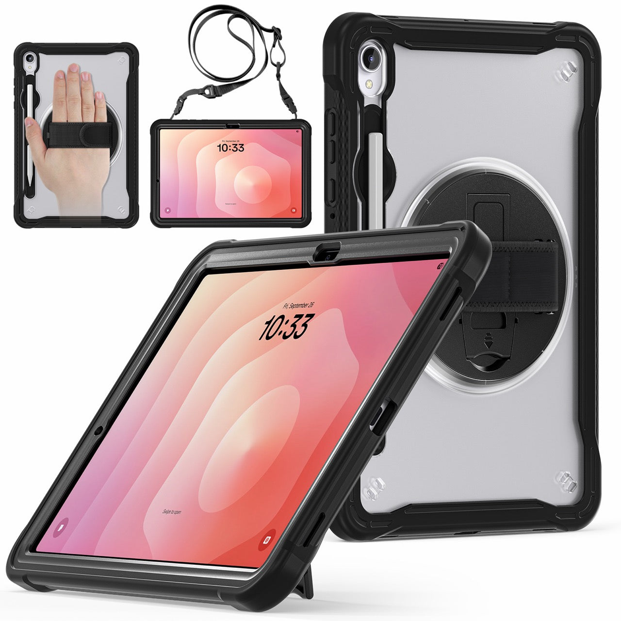 Samsung Tab S11 Rugged Case - 360° Stand, Hand & Shoulder Strap - Shockproof - Black