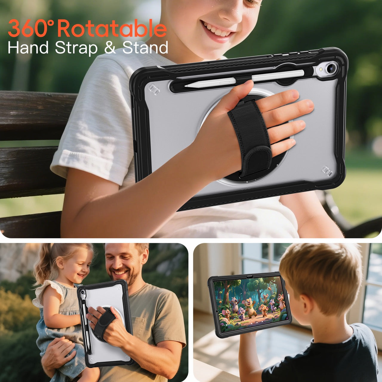 Samsung Tab S11 Rugged Case - 360° Stand, Hand & Shoulder Strap - Shockproof - Black