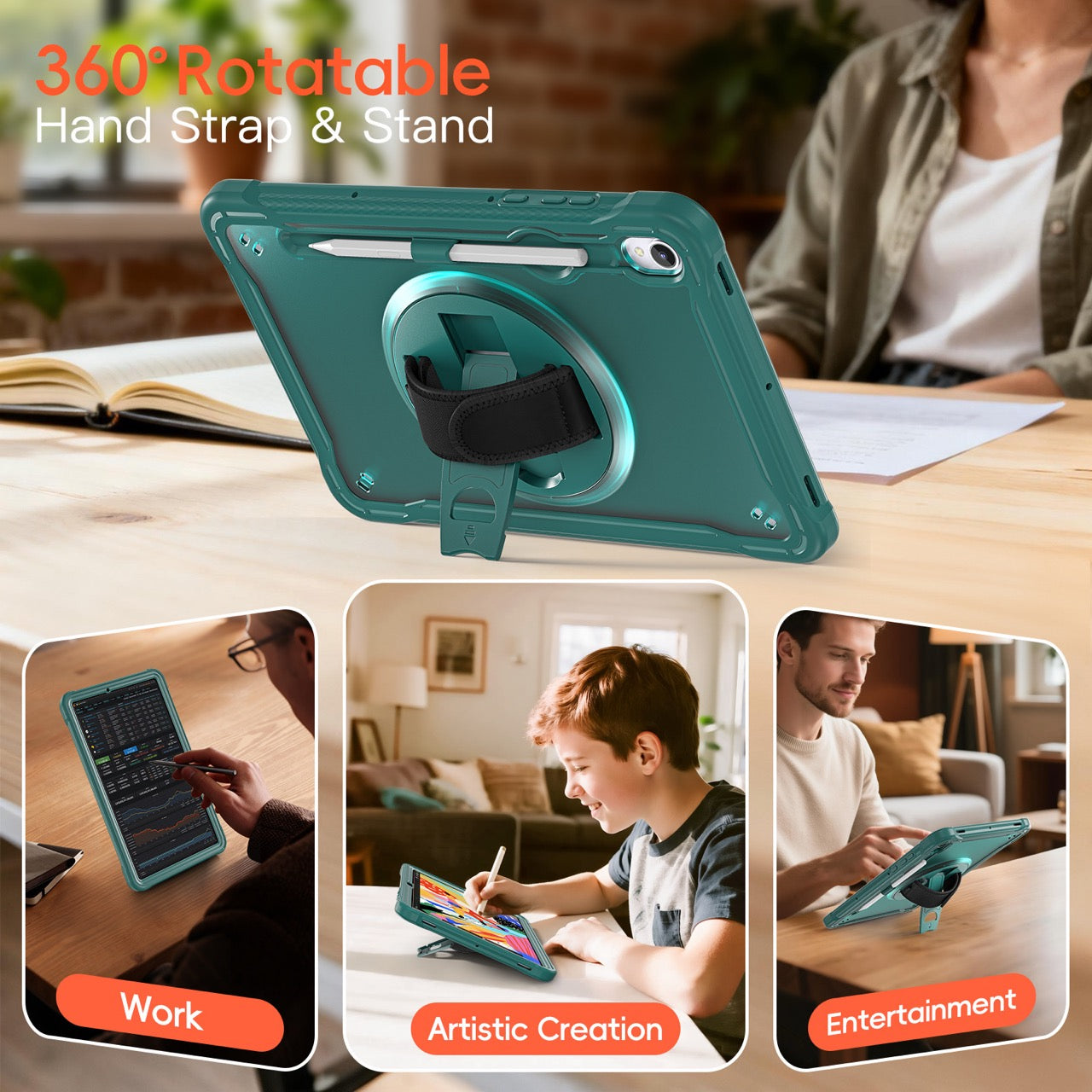 Samsung Tab S11 Rugged Case - 360° Stand, Hand & Shoulder Strap - Shockproof - Green