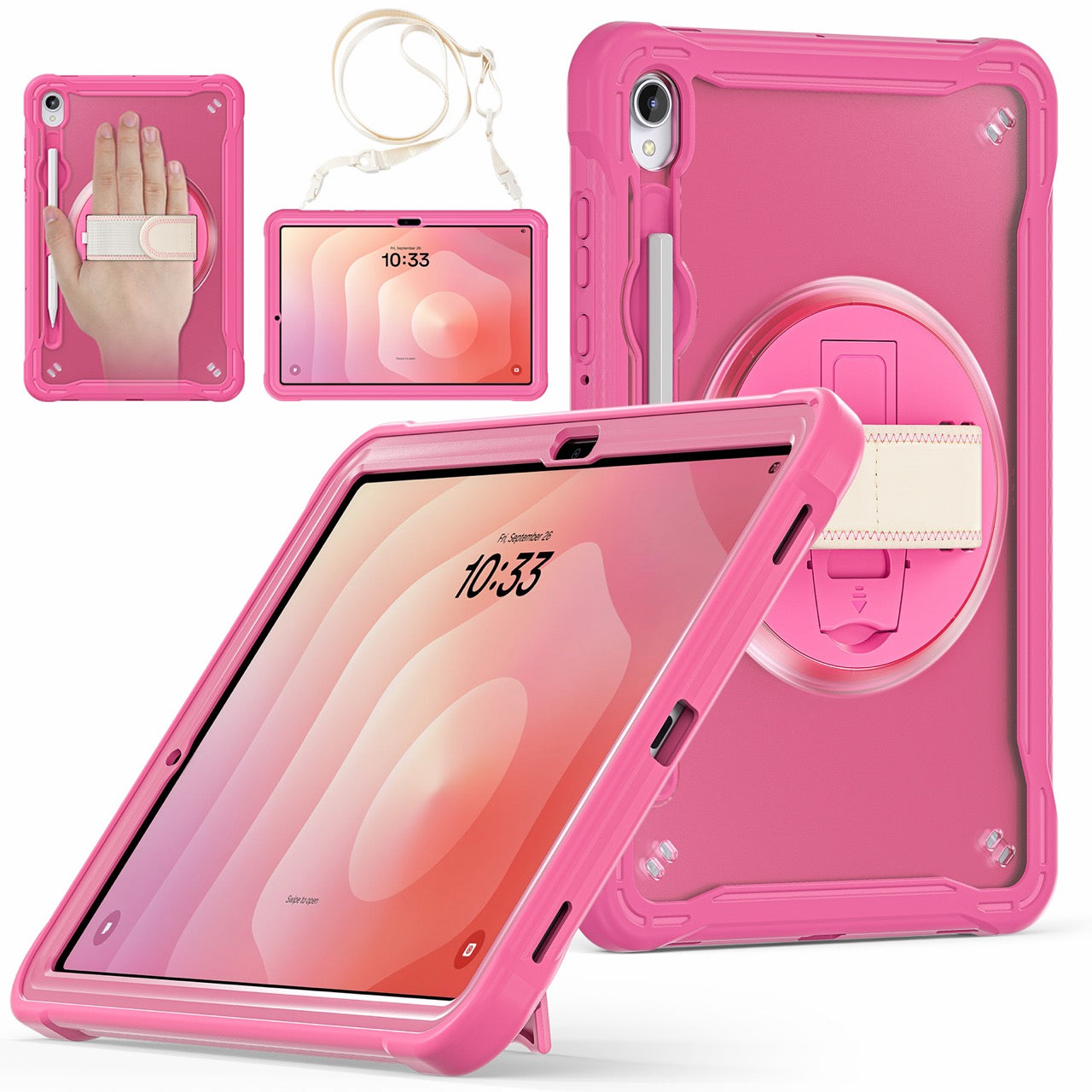 Samsung Tab S11 Rugged Case - 360° Stand, Hand & Shoulder Strap - Shockproof - Rose