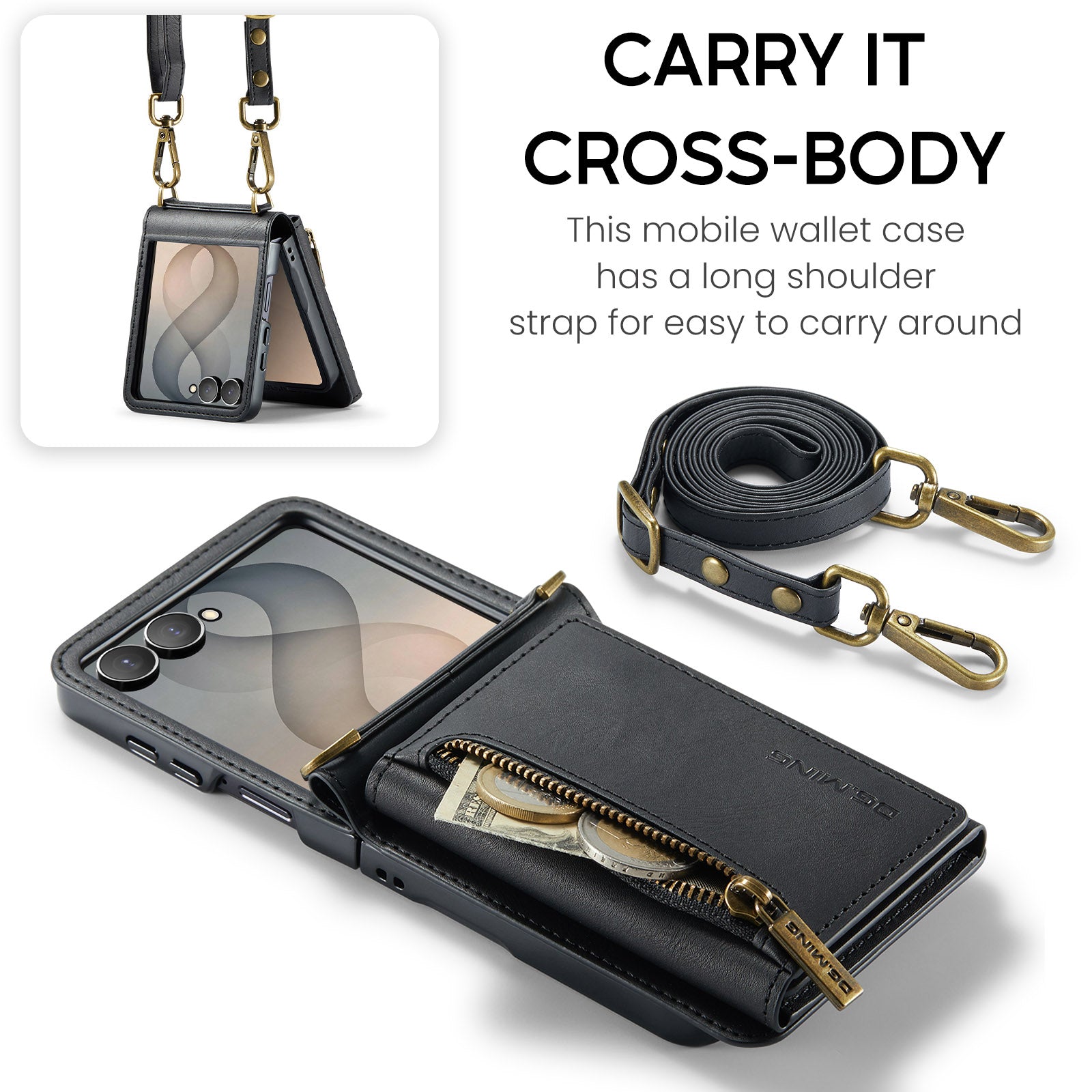 Samsung Galaxy Z Flip 8 DG.MING Crossbody Wallet Case [Black]
