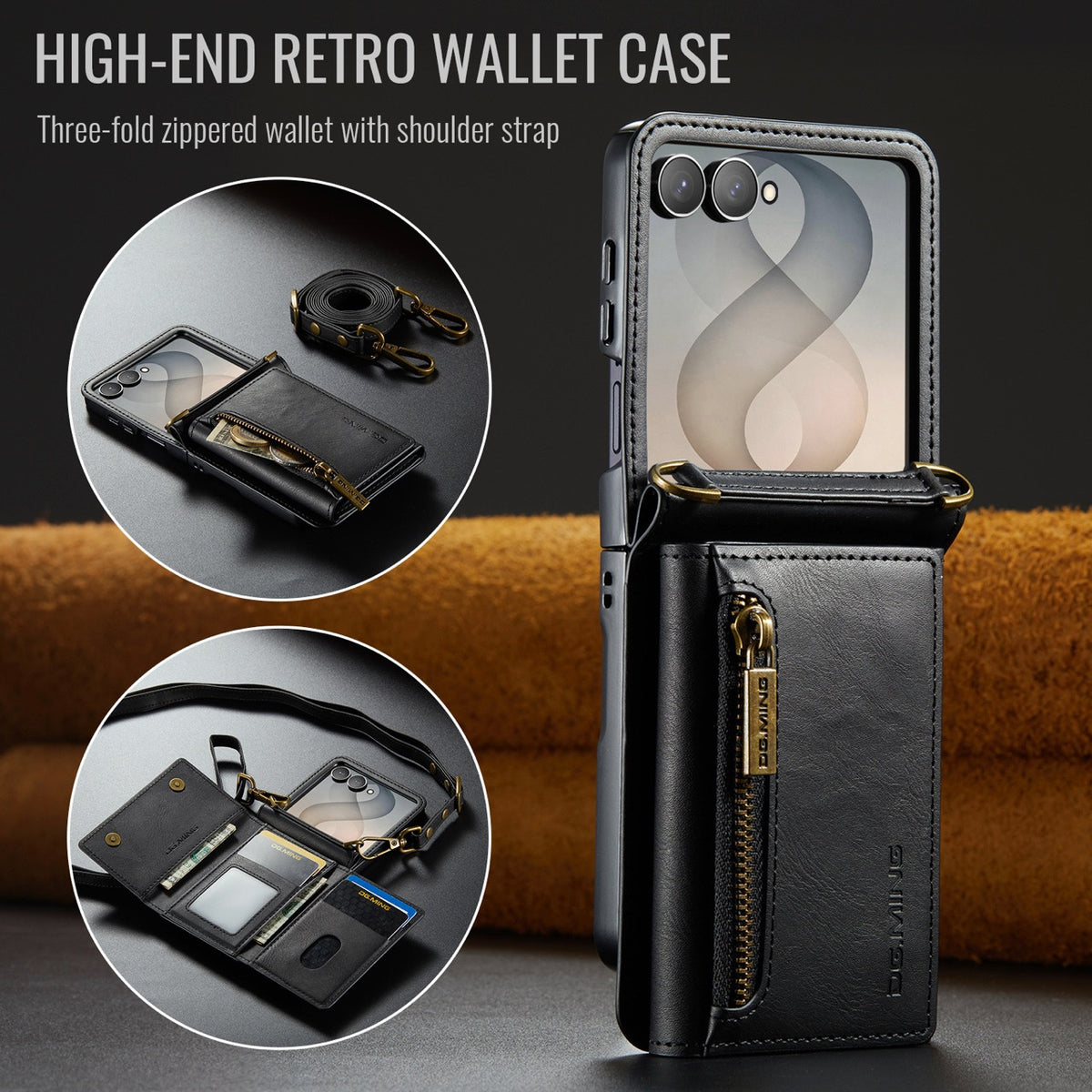 Samsung Galaxy Z Flip 8 DG.MING Crossbody Wallet Case [Black]