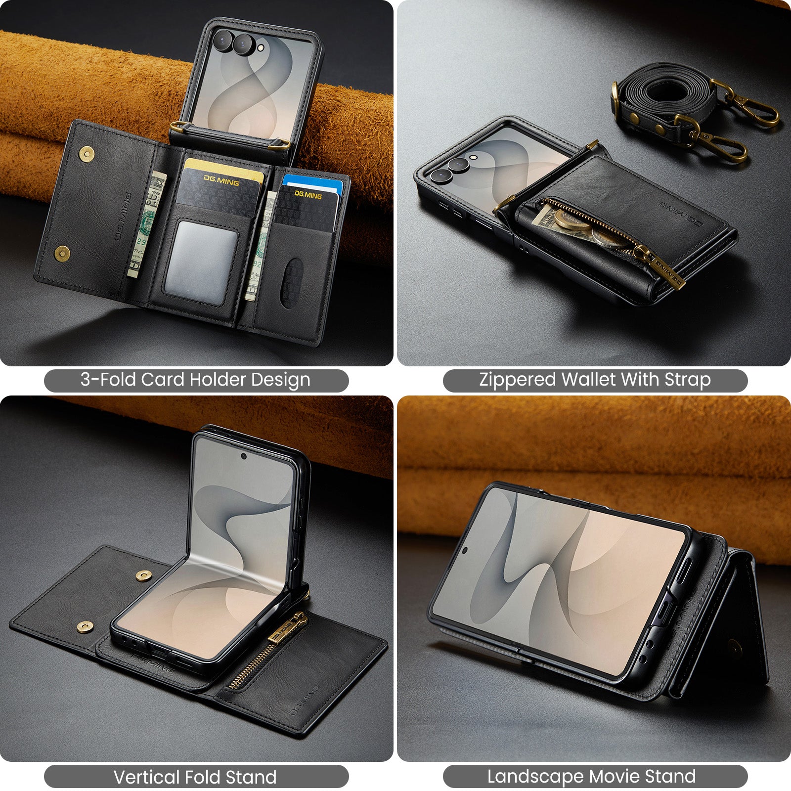 Samsung Galaxy Z Flip 8 DG.MING Crossbody Wallet Case [Black]
