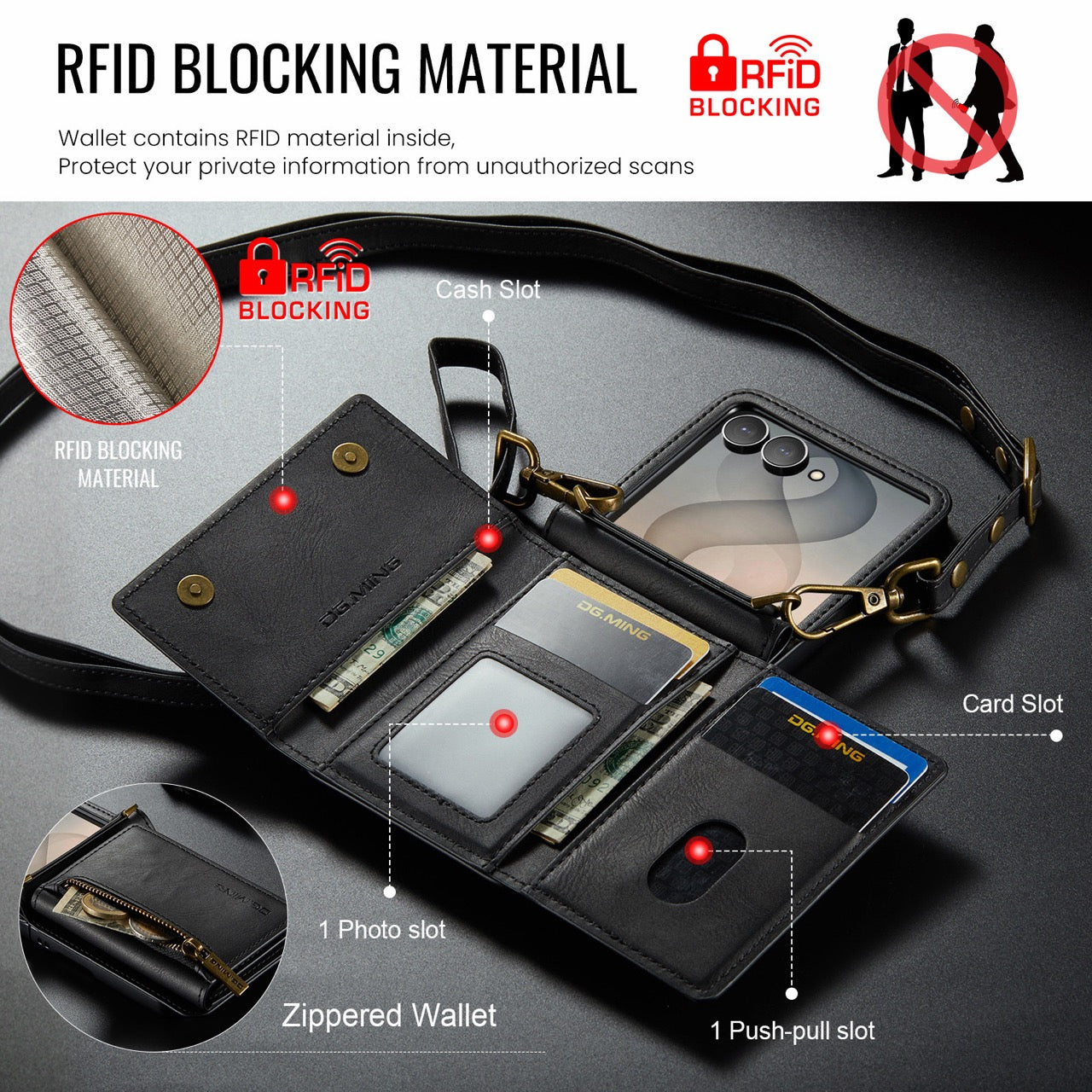 Samsung Galaxy Z Flip 8 DG.MING Crossbody Wallet Case [Black]