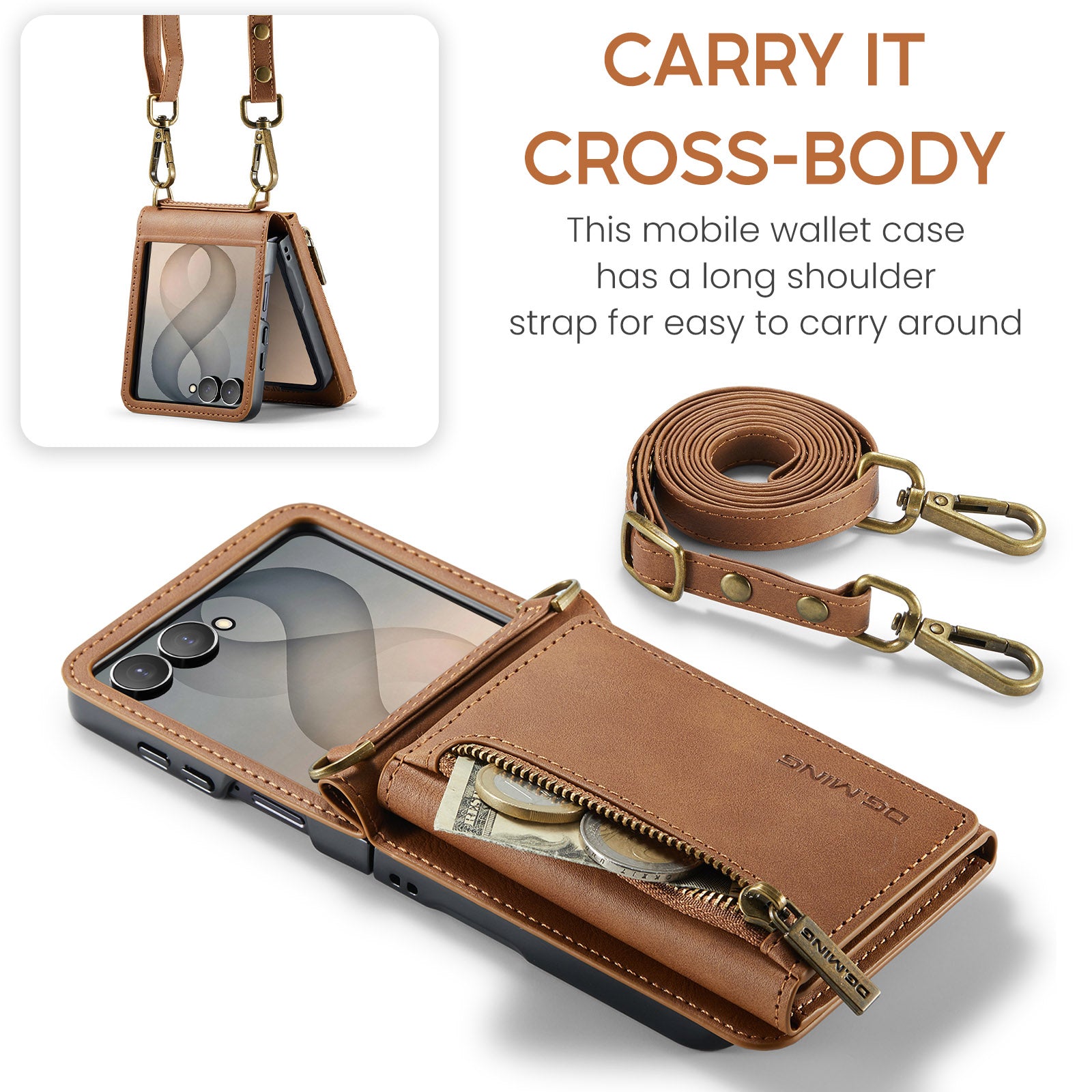 Samsung Galaxy Z Flip 8 DG.MING Crossbody Wallet Case [Brown]