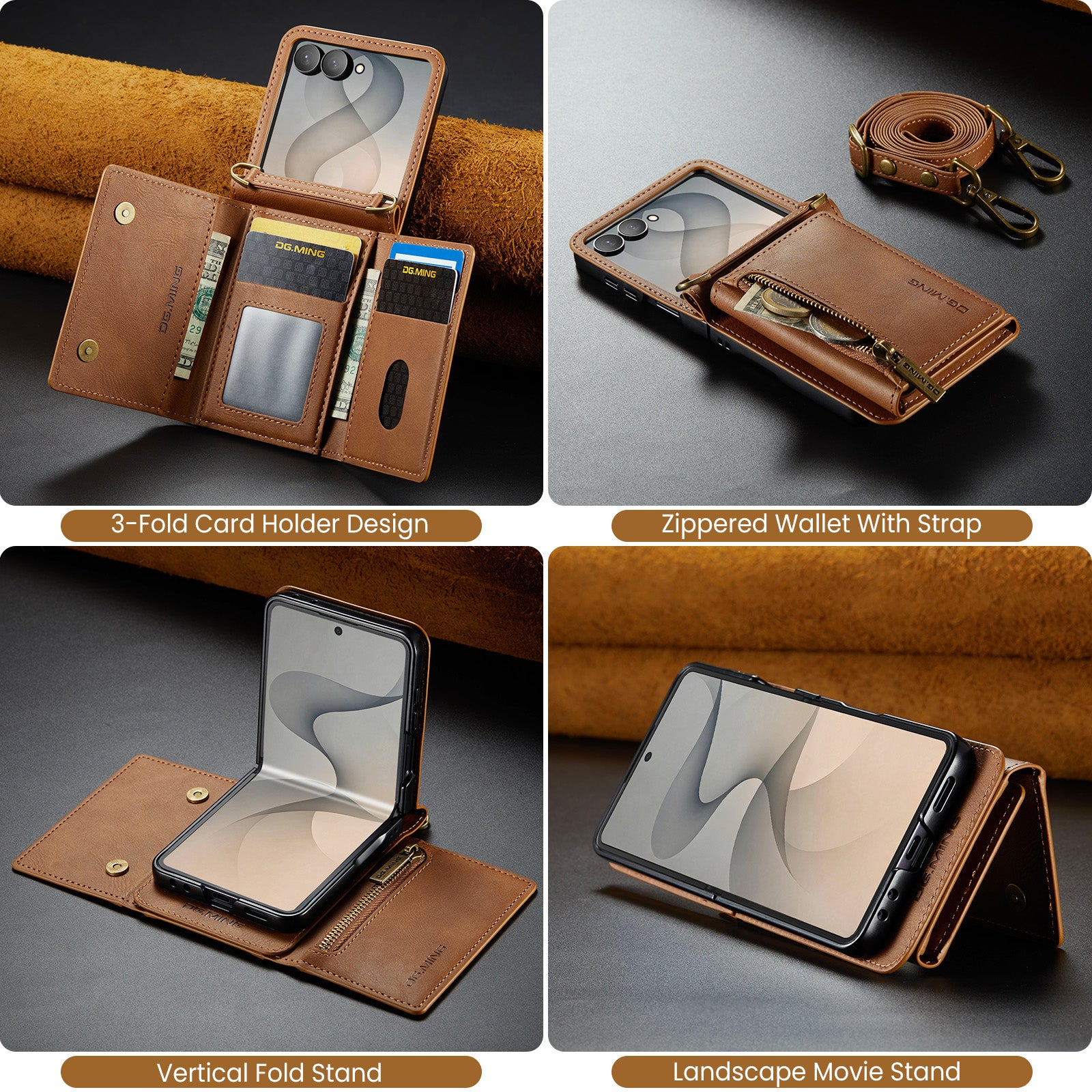 Samsung Galaxy Z Flip 8 DG.MING Crossbody Wallet Case [Brown]