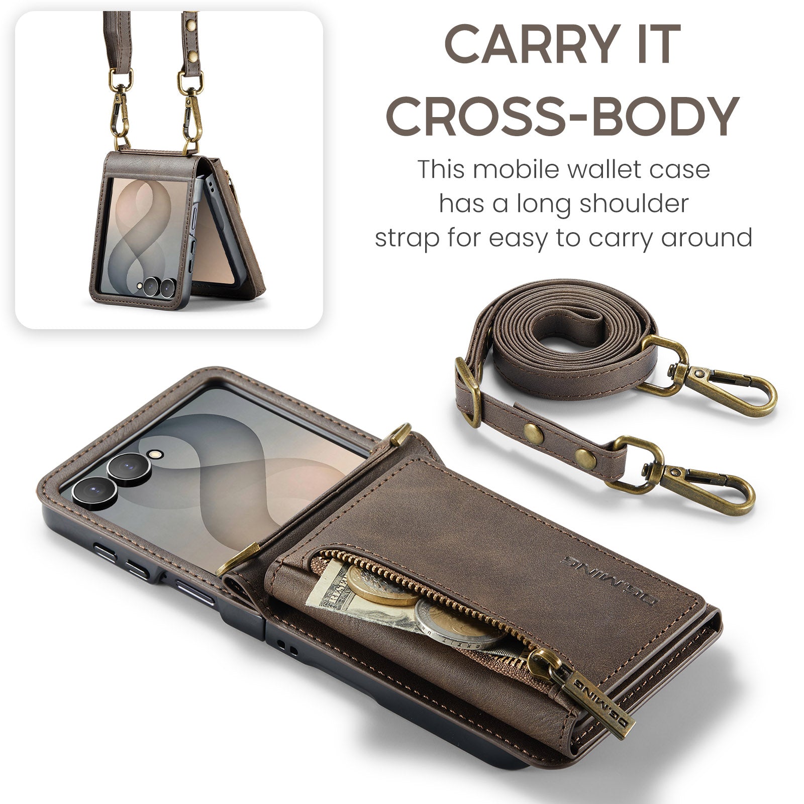 Samsung Galaxy Z Flip 8 DG.MING Crossbody Wallet Case [Coffee]