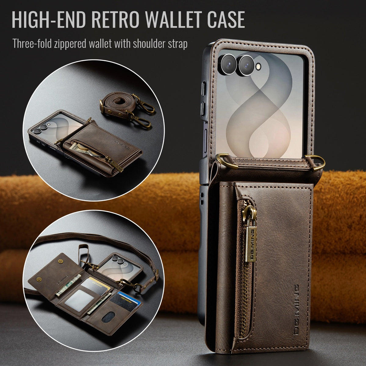 Samsung Galaxy Z Flip 8 DG.MING Crossbody Wallet Case [Coffee]